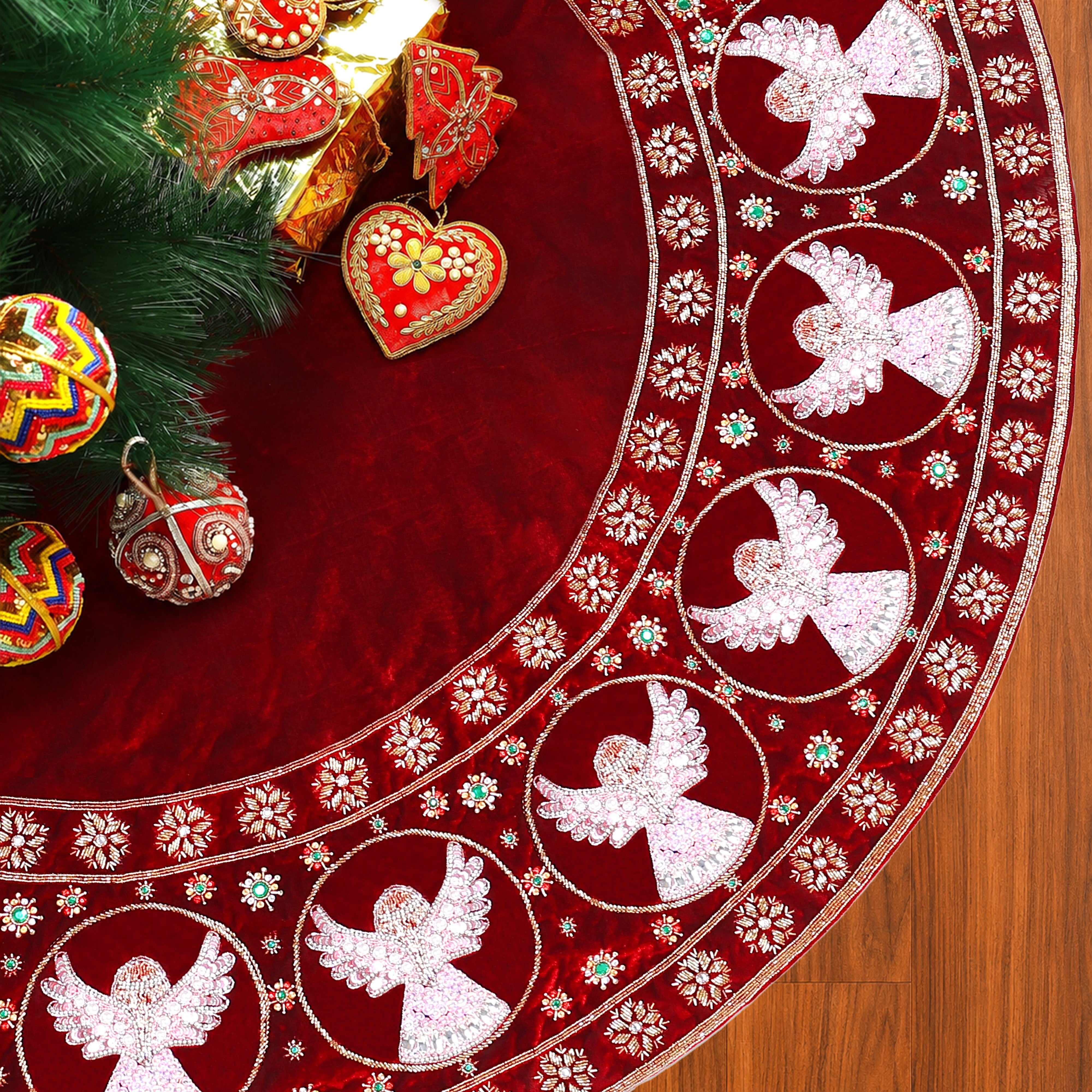 Beaded Snow Angels Red Velvet Christmas Tree Skirt