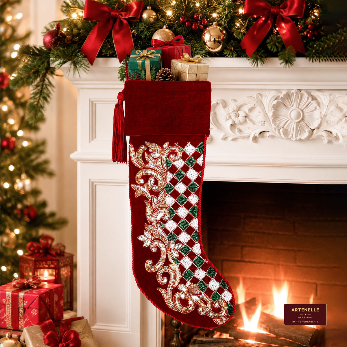 Personalized Holly leaves beaded Red Velvet Christmas stocking