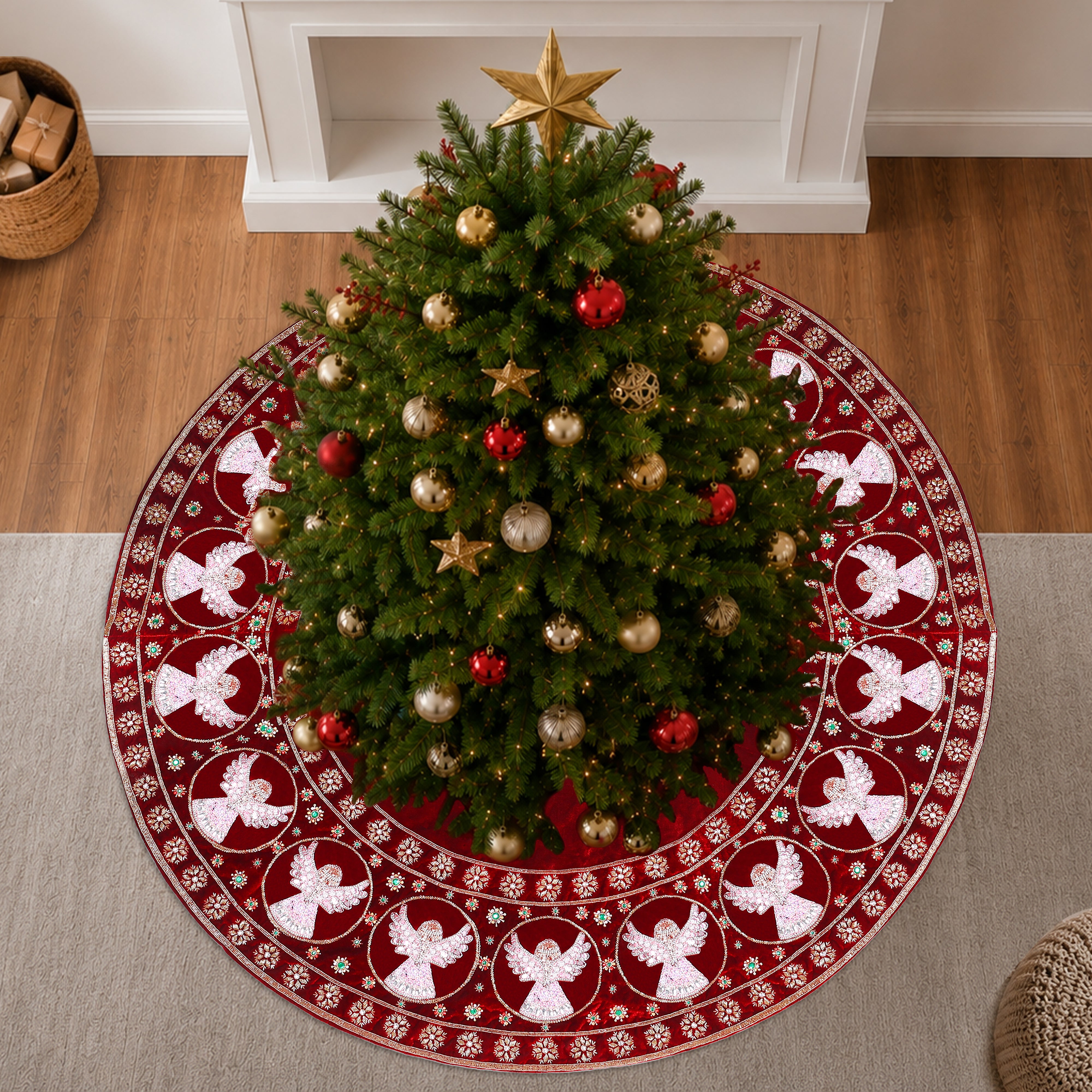 Beaded Snow Angels Red Velvet Christmas Tree Skirt