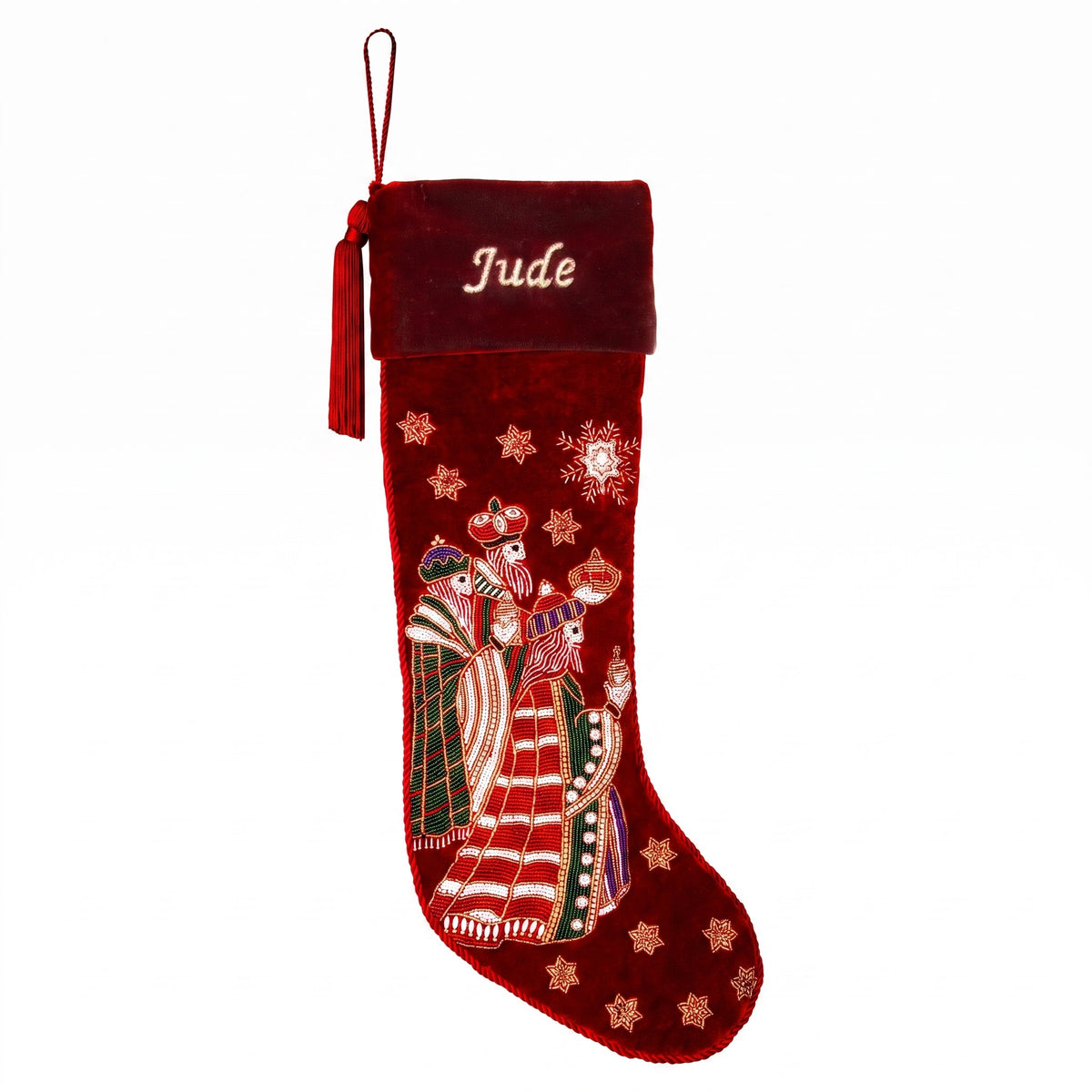 Personalized Beaded Three Kings Red Velvet Christmas Stocking