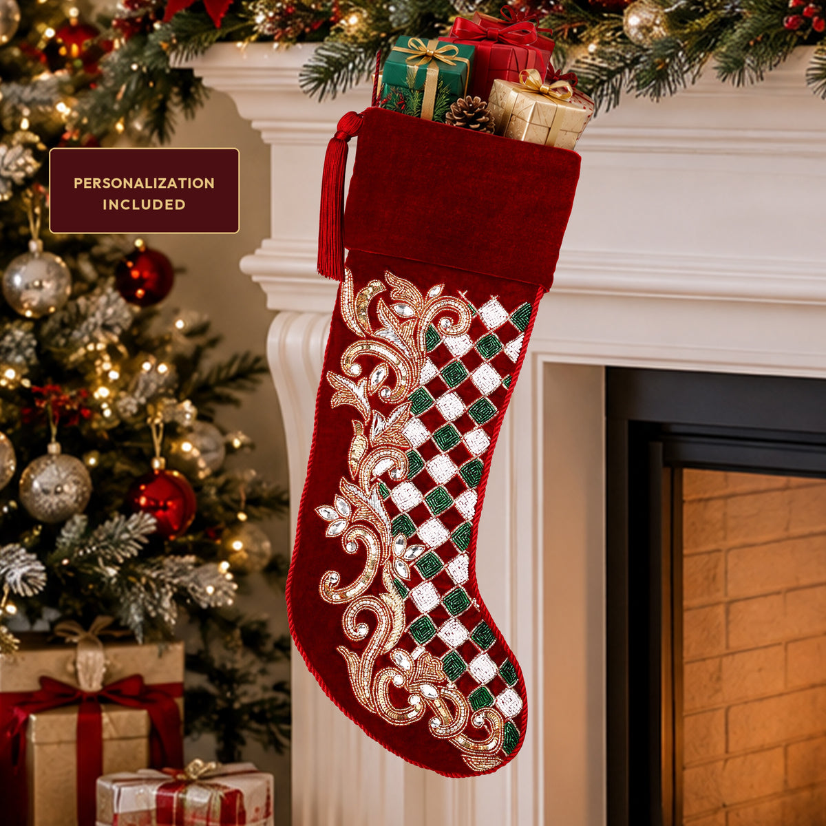 Personalized Holly leaves beaded Red Velvet Christmas stocking