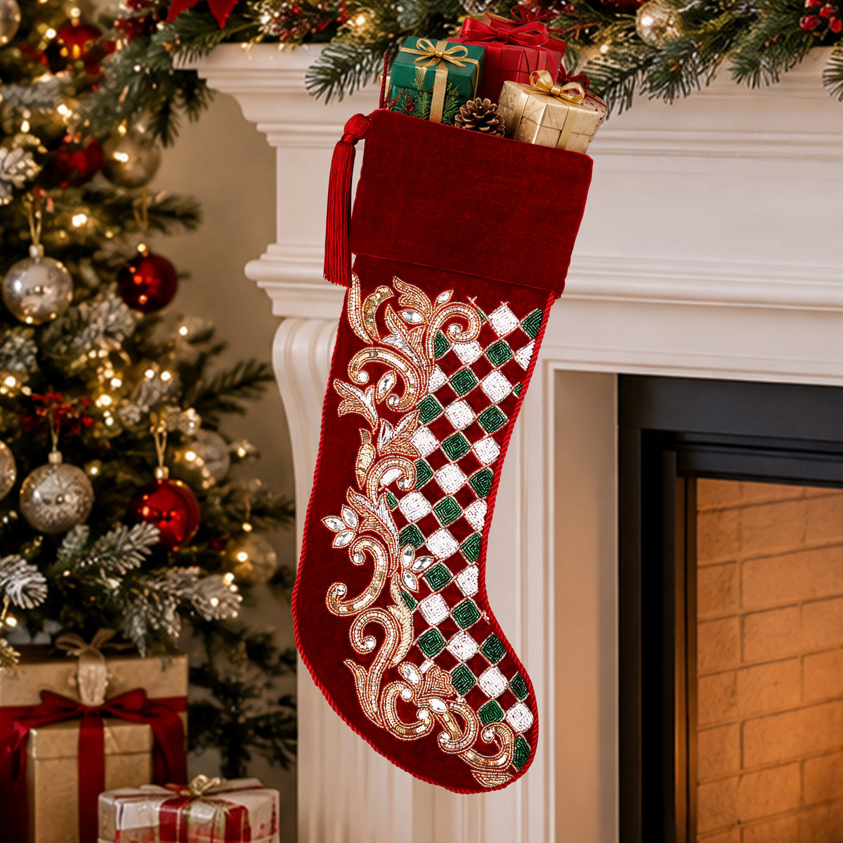 Personalized Holly leaves beaded Red Velvet Christmas stocking