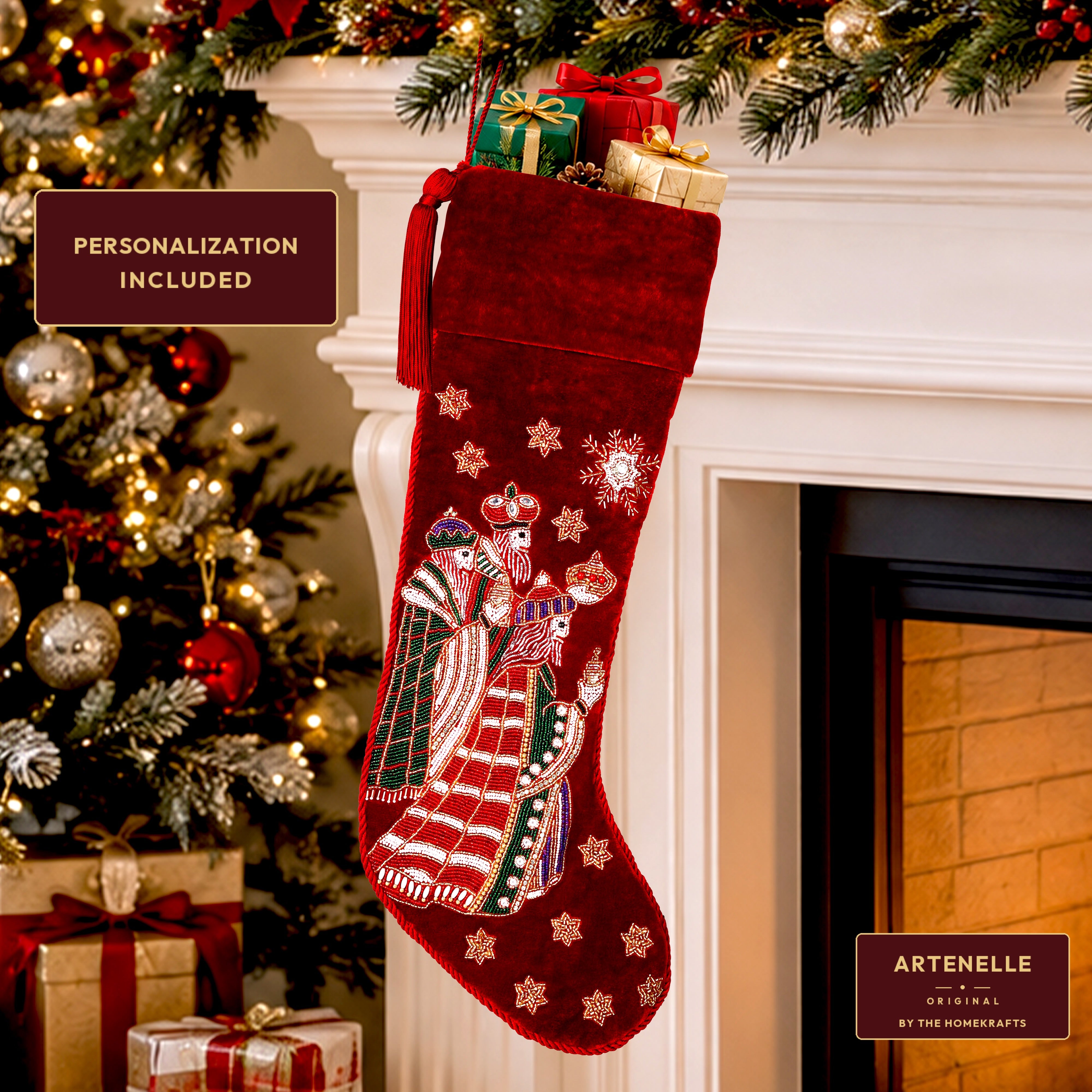 Personalized Beaded Three Kings Red Velvet Christmas Stocking