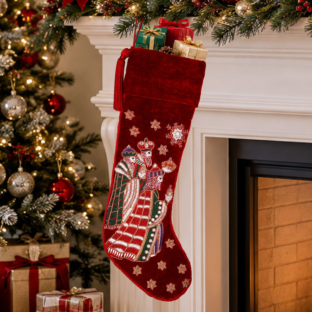 Personalized Beaded Three Kings Red Velvet Christmas Stocking