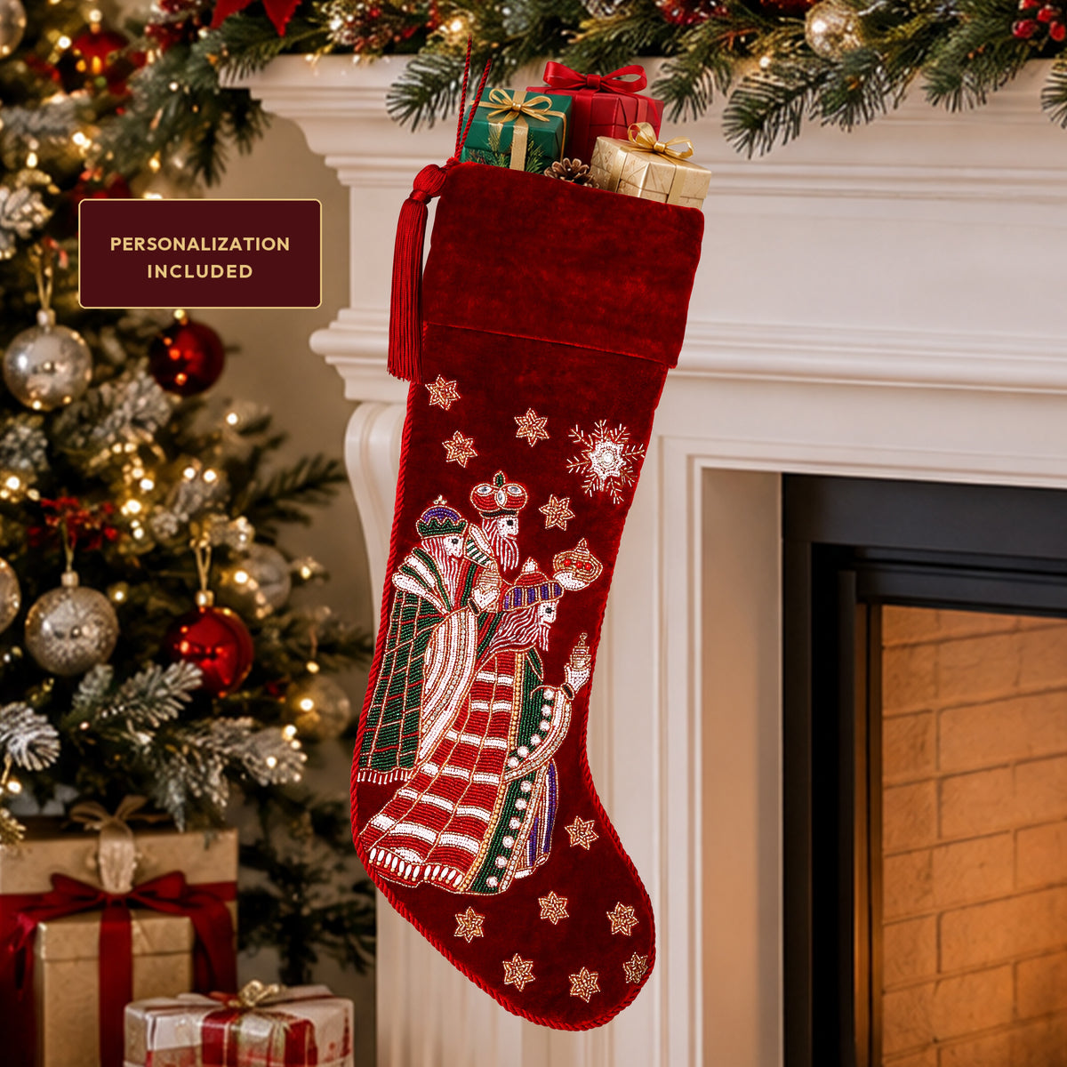 Personalized Beaded Three Kings Red Velvet Christmas Stocking