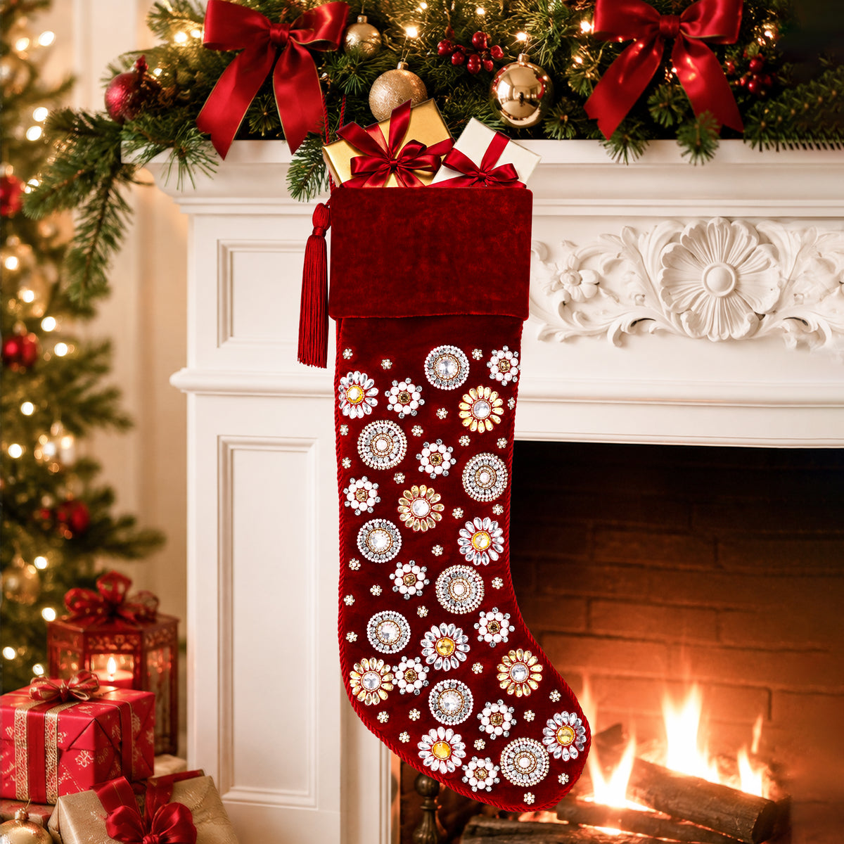 Beaded Jeweled Personalized Red Velvet Christmas Stocking