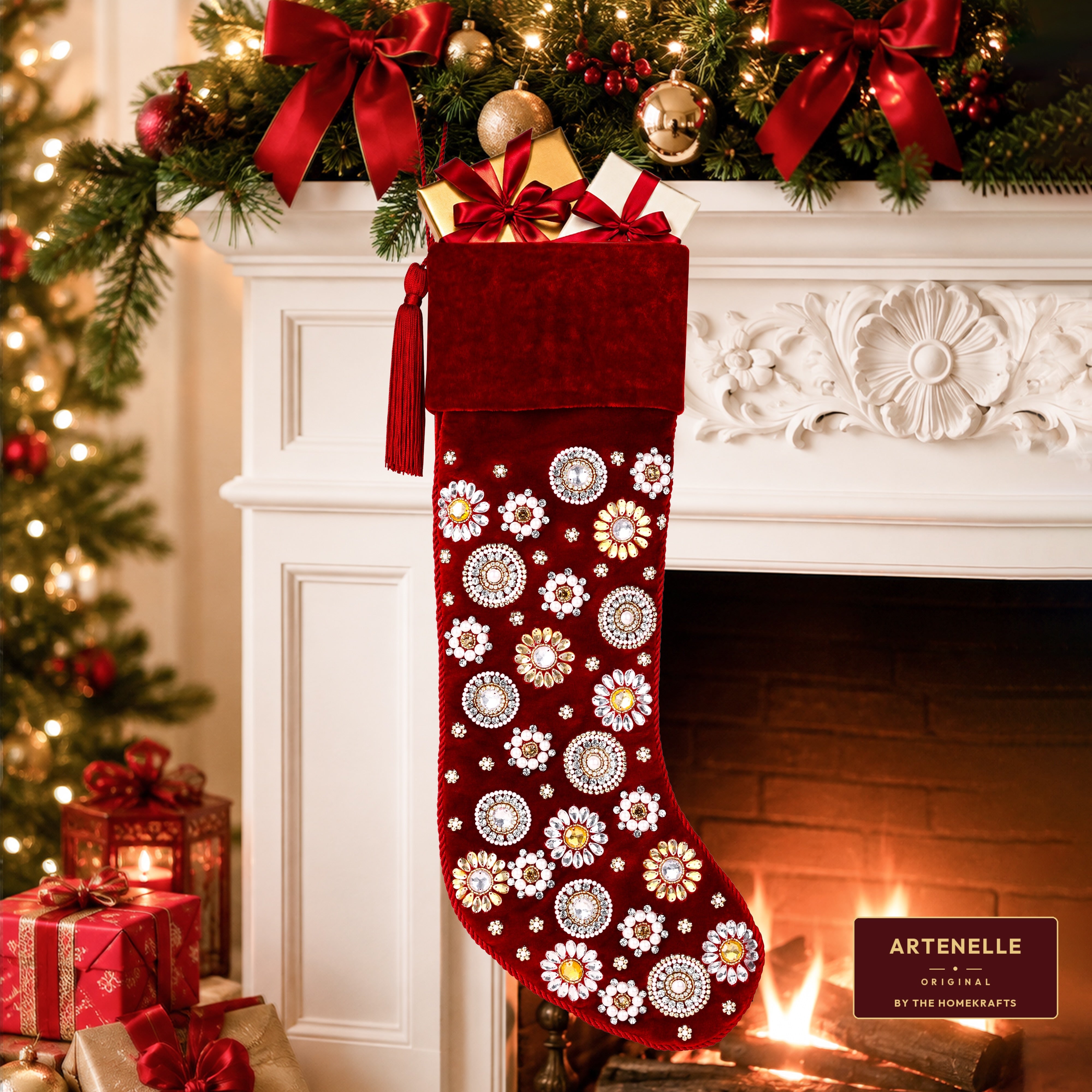 Beaded Jeweled Personalized Red Velvet Christmas Stocking