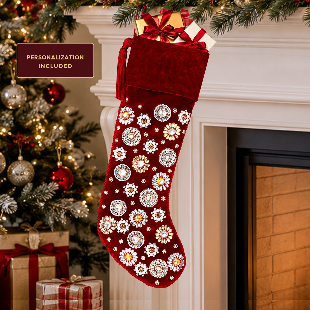 Beaded Jeweled Personalized Red Velvet Christmas Stocking