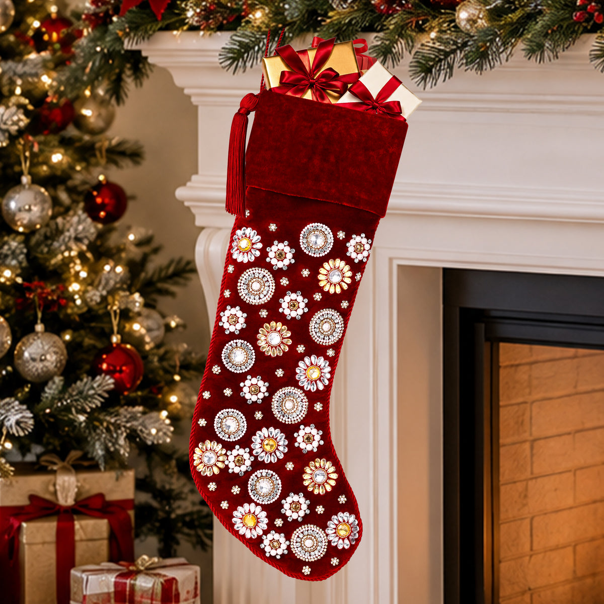 Beaded Jeweled Personalized Red Velvet Christmas Stocking