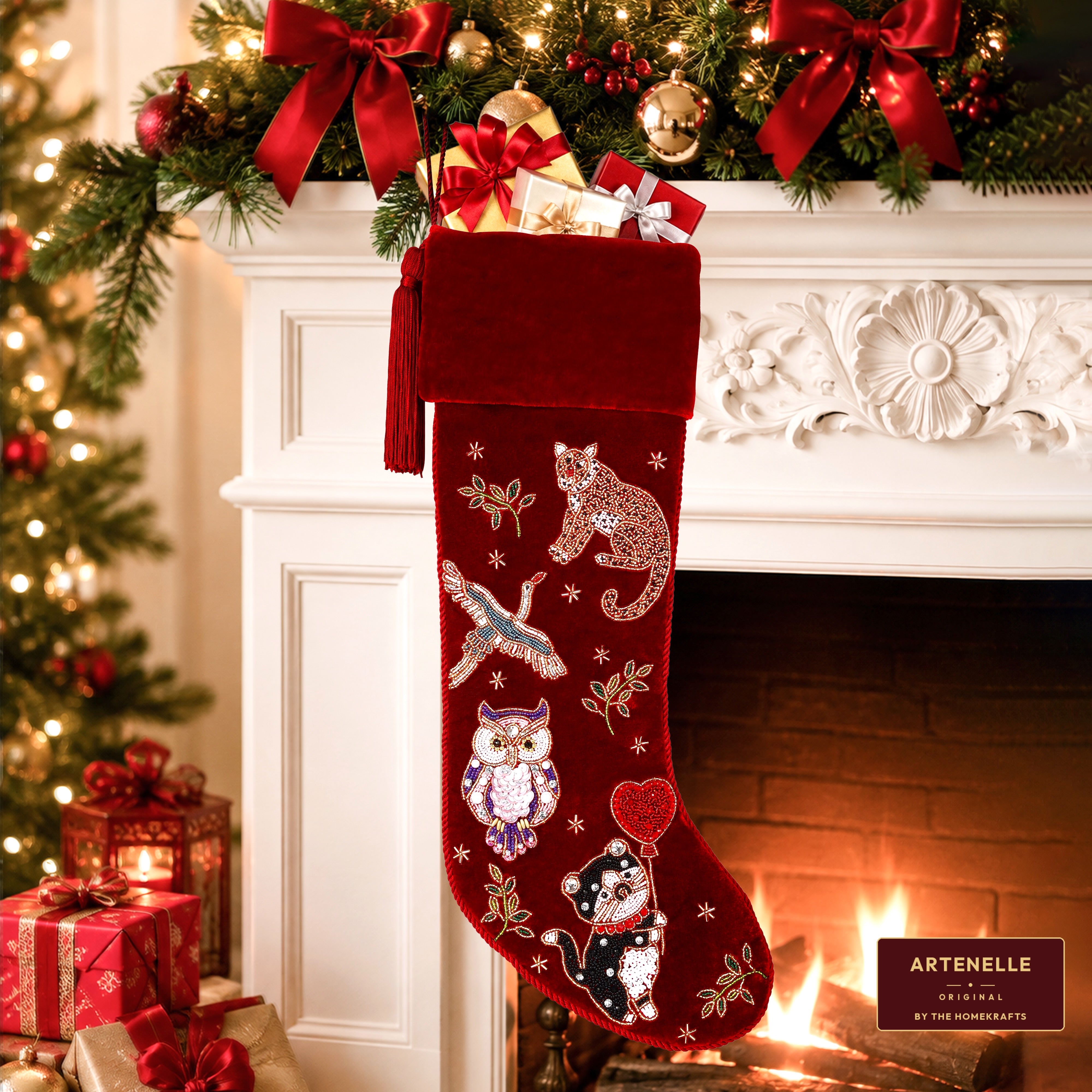 Personalized Beaded Animal Red Velvet Christmas Stocking