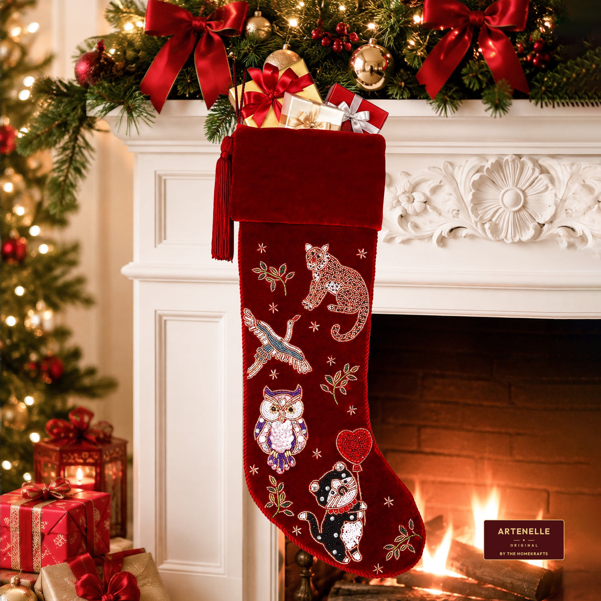 Personalized Beaded Animal Red Velvet Christmas Stocking