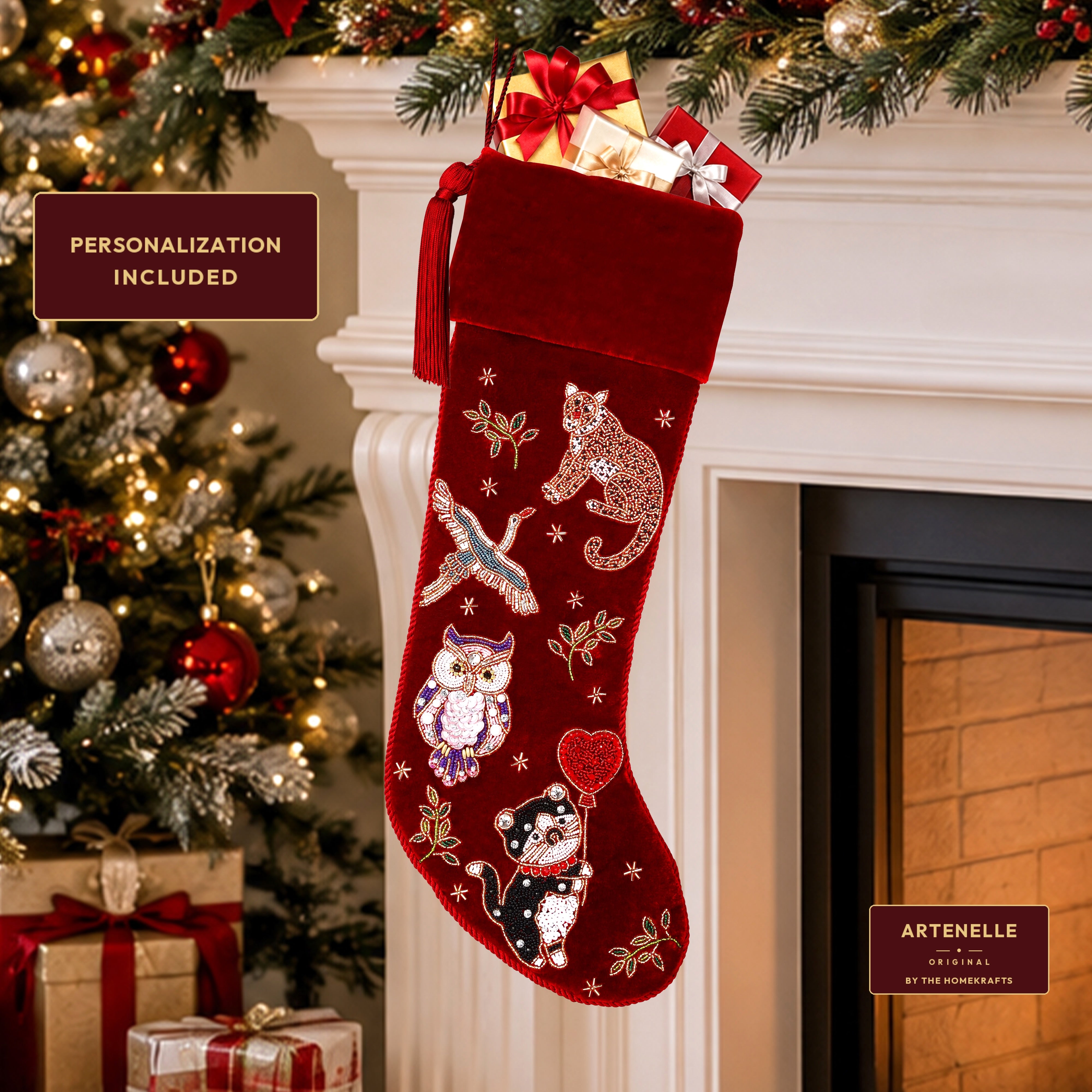 Personalized Beaded Animal Red Velvet Christmas Stocking