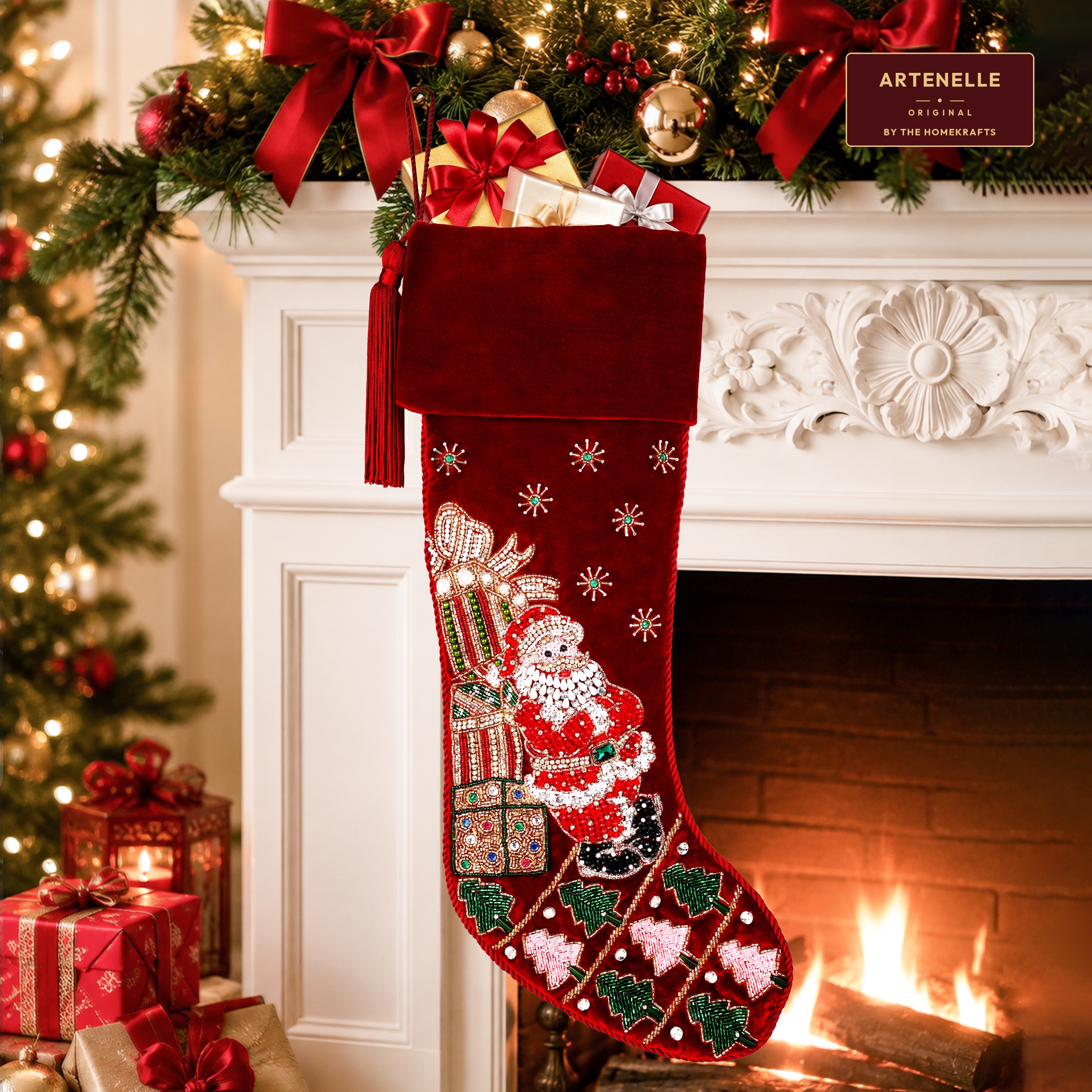 Personalized Santa towering gifts RED VELVET CHRISTMAS STOCKING