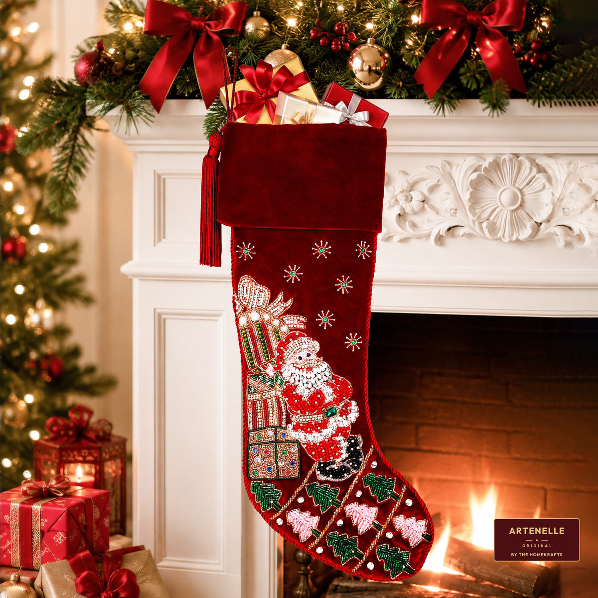Personalized Santa towering gifts RED VELVET CHRISTMAS STOCKING