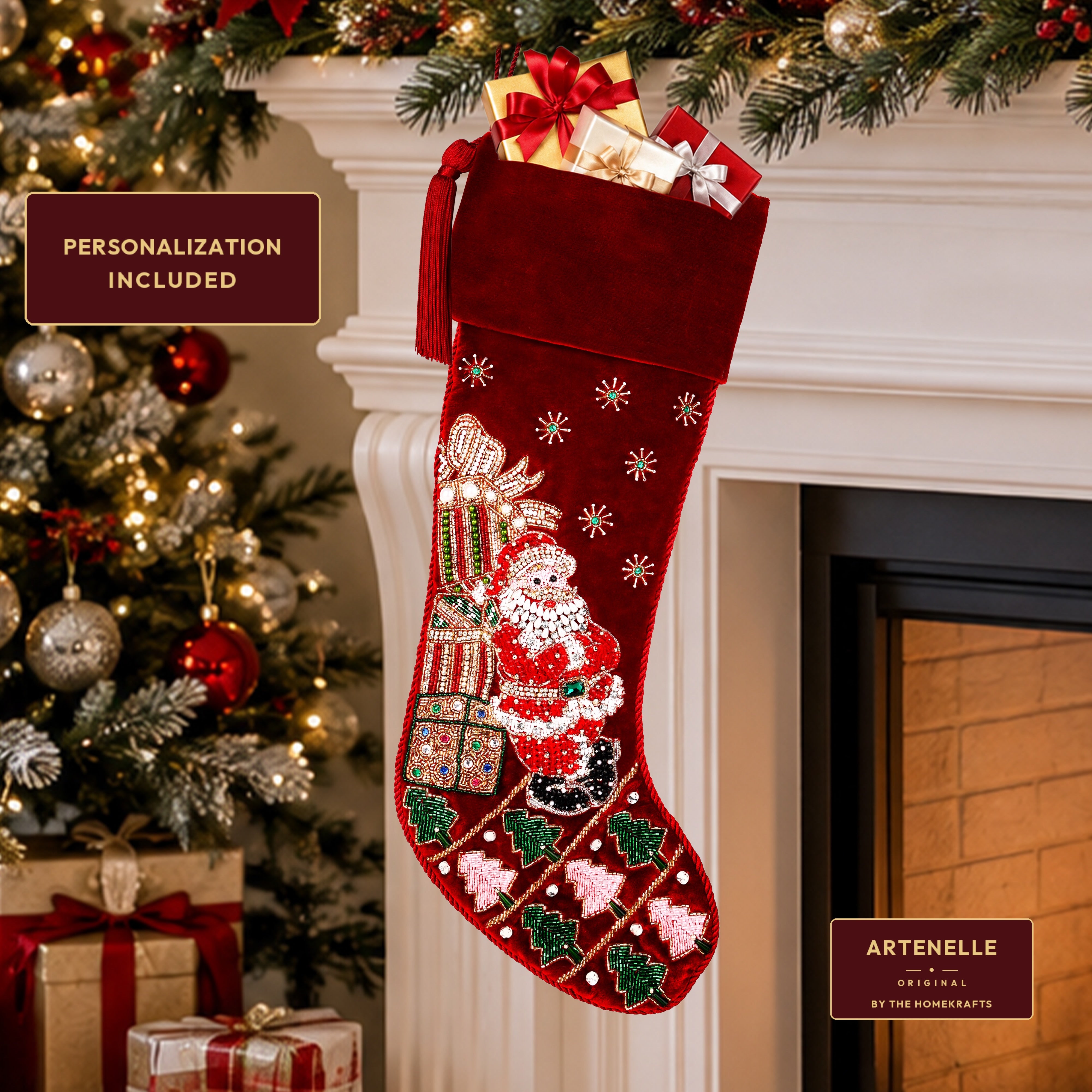 Personalized Santa towering gifts RED VELVET CHRISTMAS STOCKING