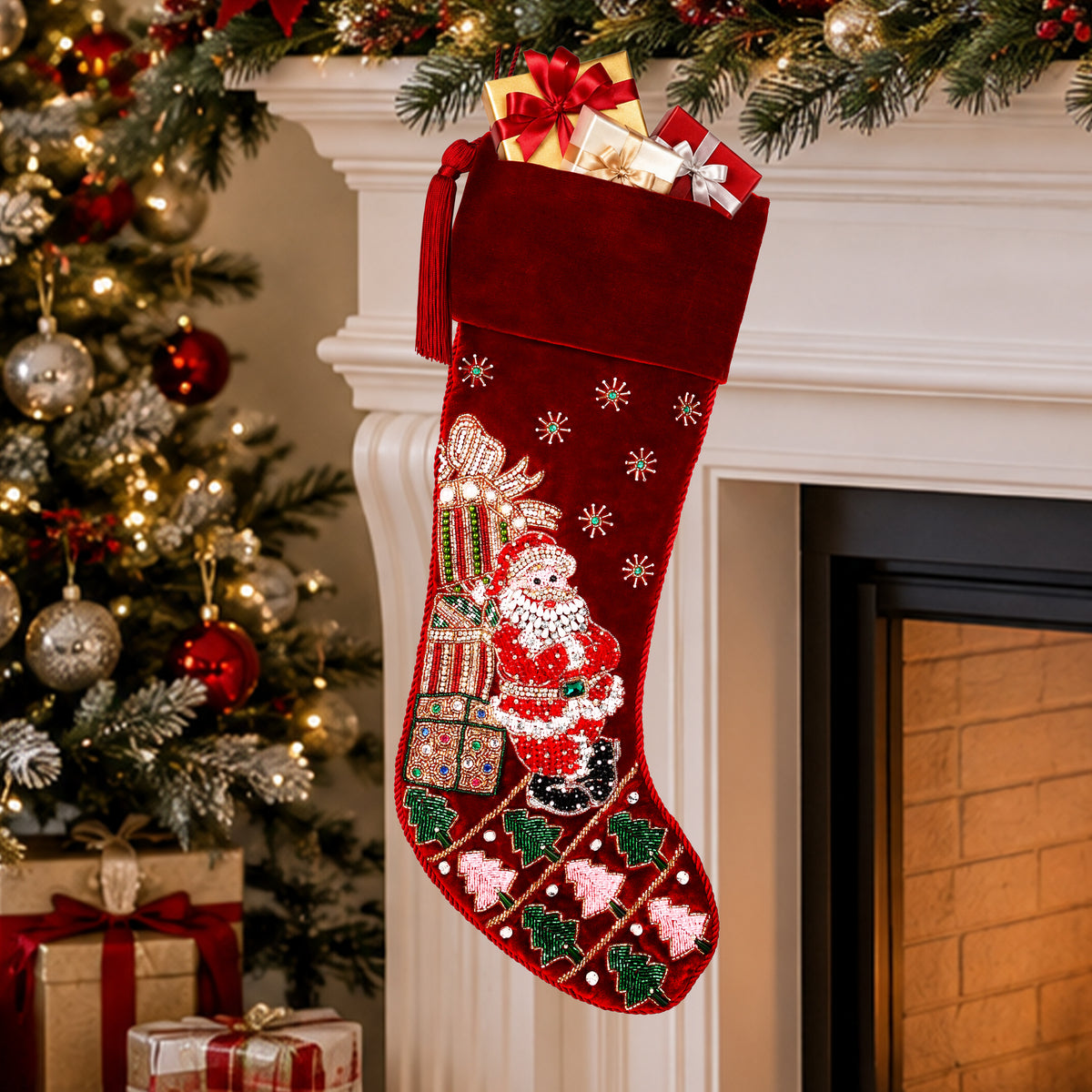 Personalized Santa towering gifts RED VELVET CHRISTMAS STOCKING