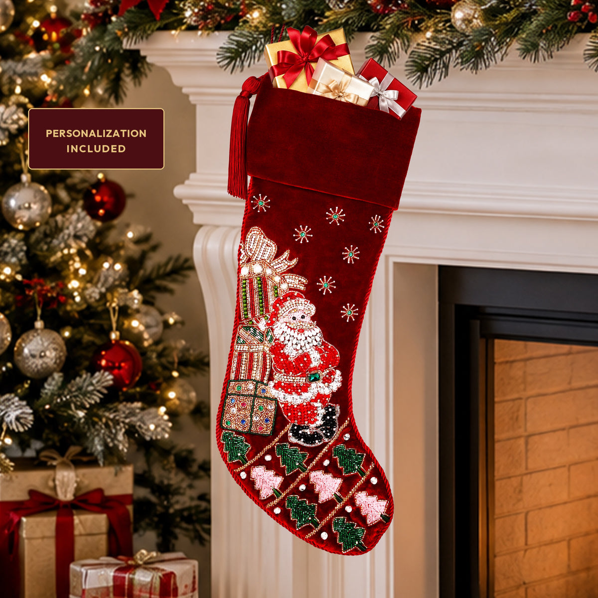 Personalized Santa towering gifts RED VELVET CHRISTMAS STOCKING