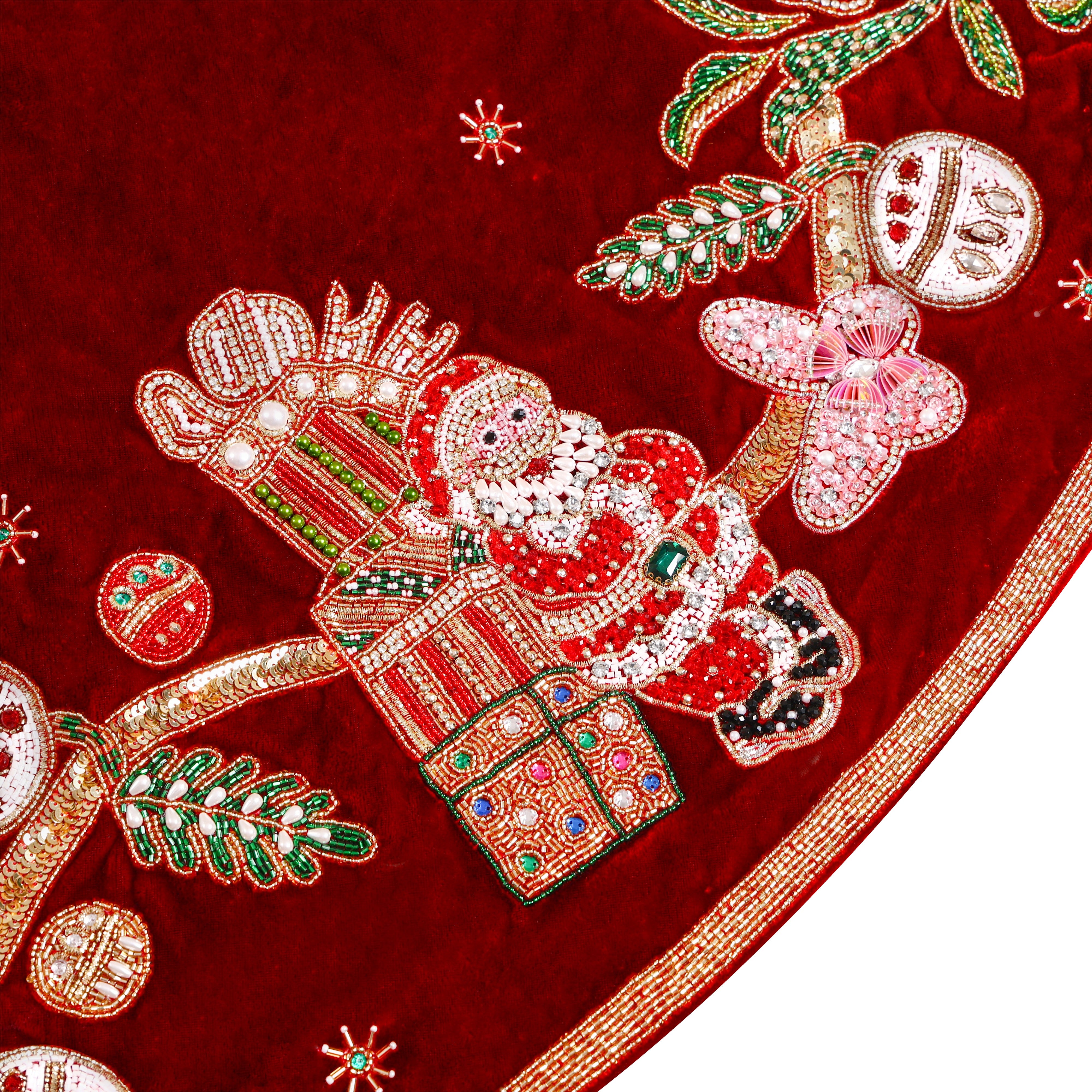 Beaded The Santa Story book Red velvet Christmas Tree Skirt