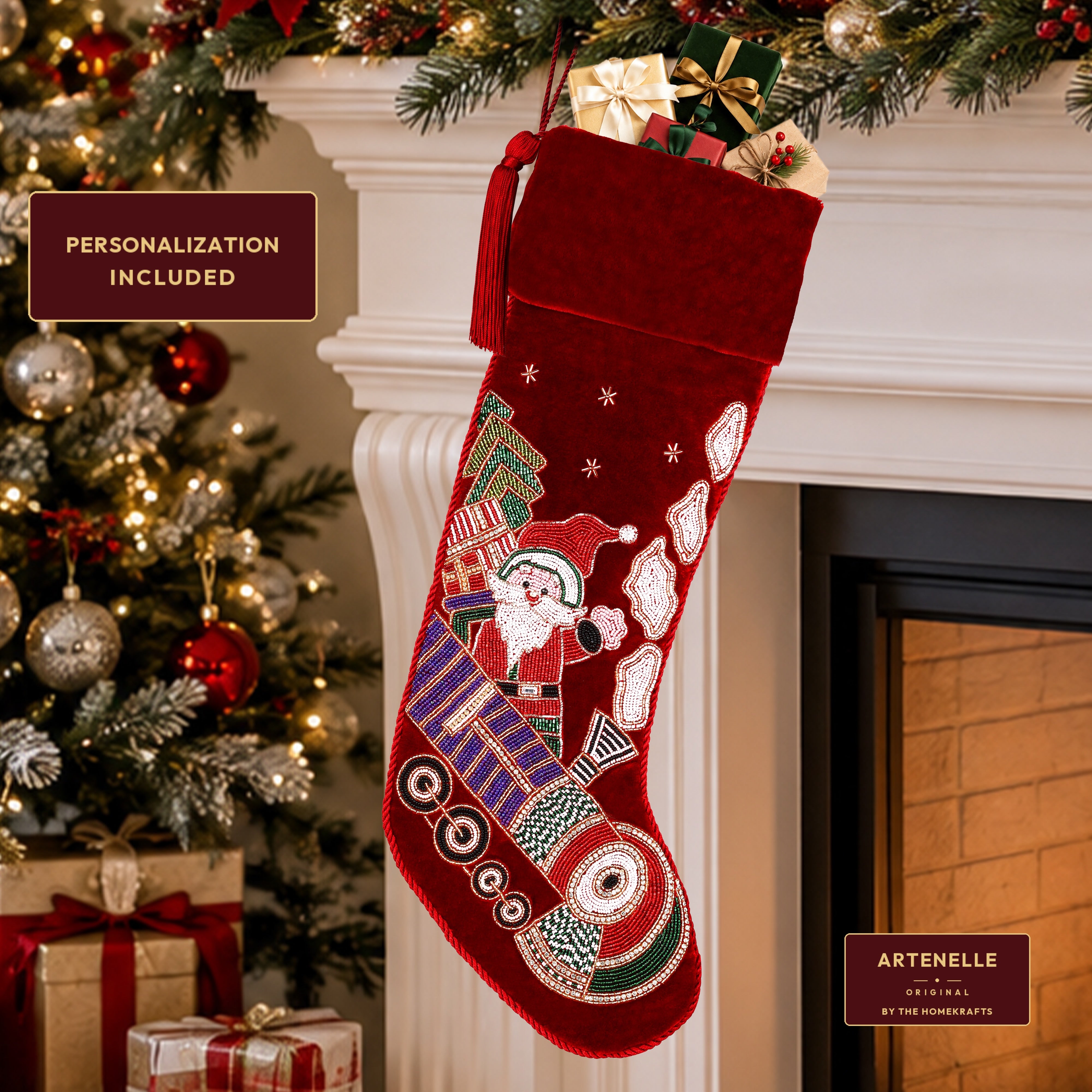 Personalized Beaded Santa on Train Red Velvet Christmas Stocking