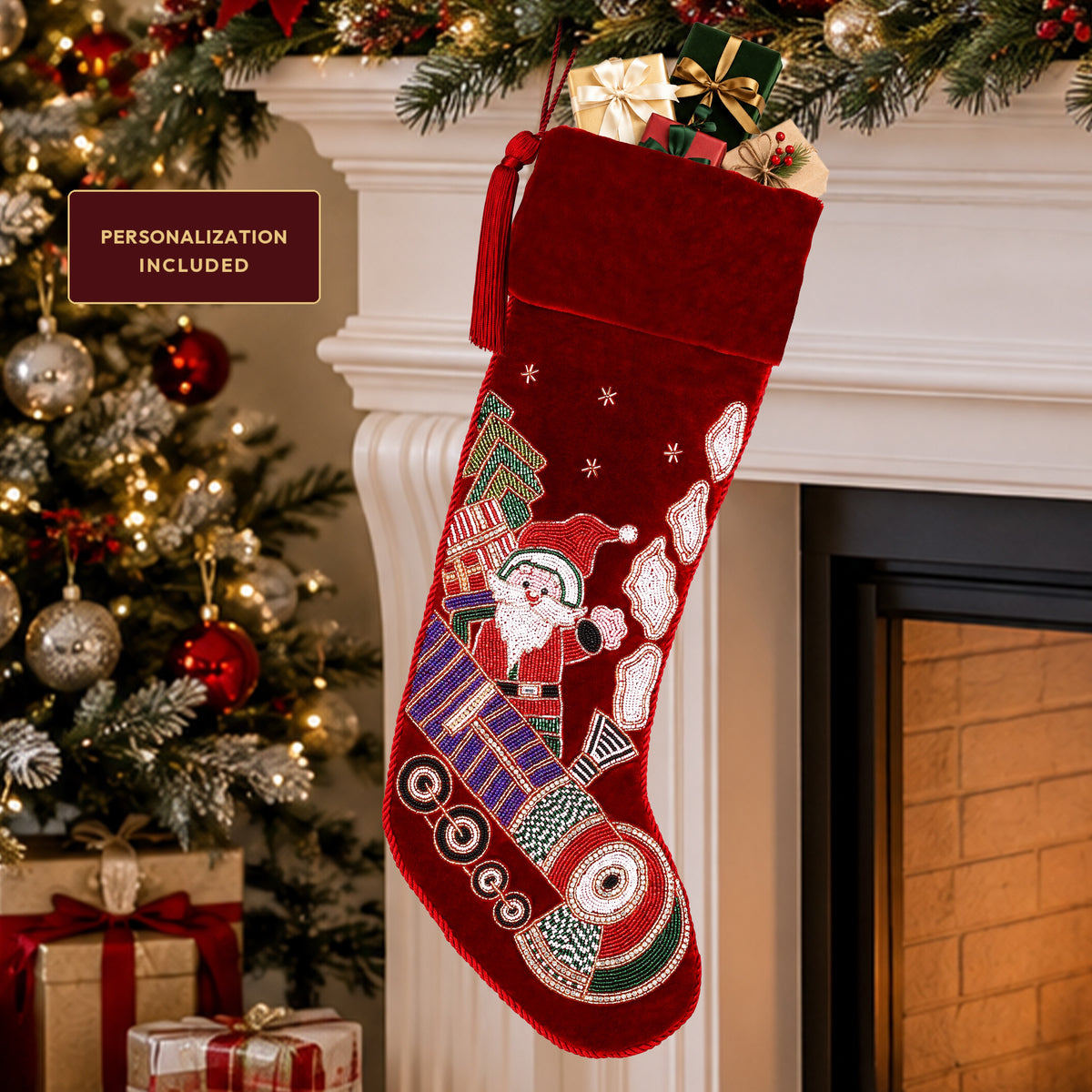 Personalized Beaded Santa on Train Red Velvet Christmas Stocking
