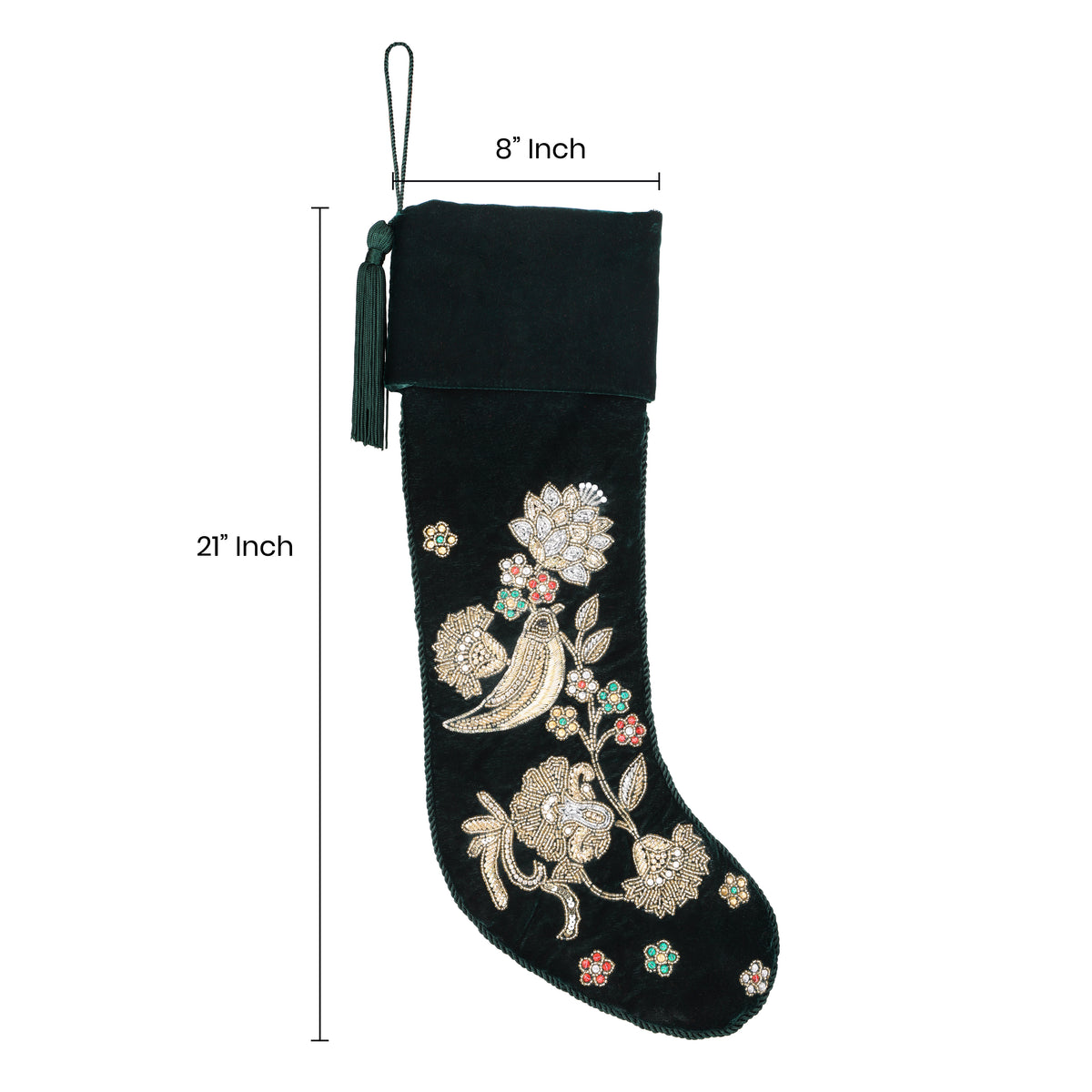 Personalized Green Velvet Christmas Stocking - Handmade Partridge Noel Song Bird