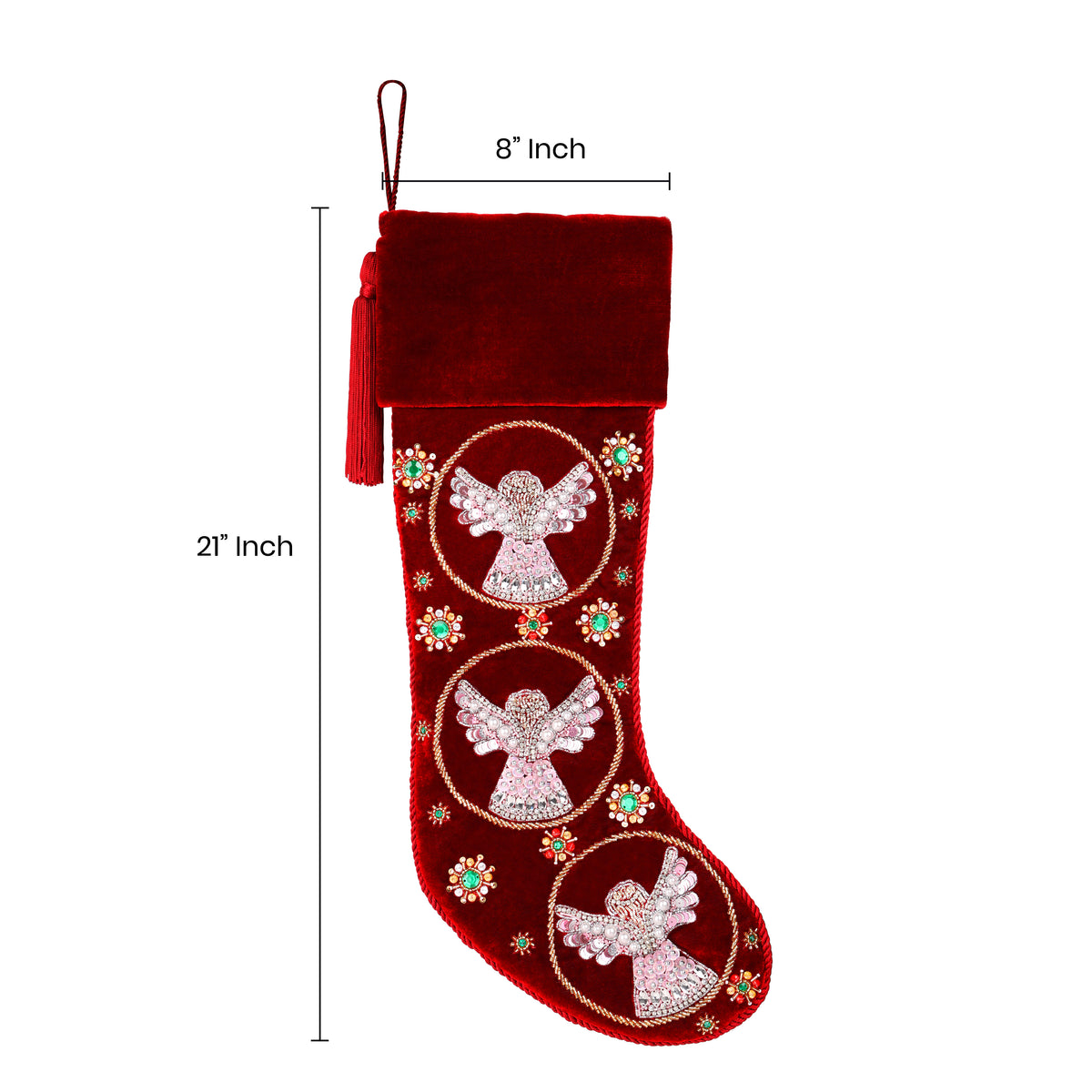 Beaded Snow Angels Red Velvet Personalized Christmas stocking