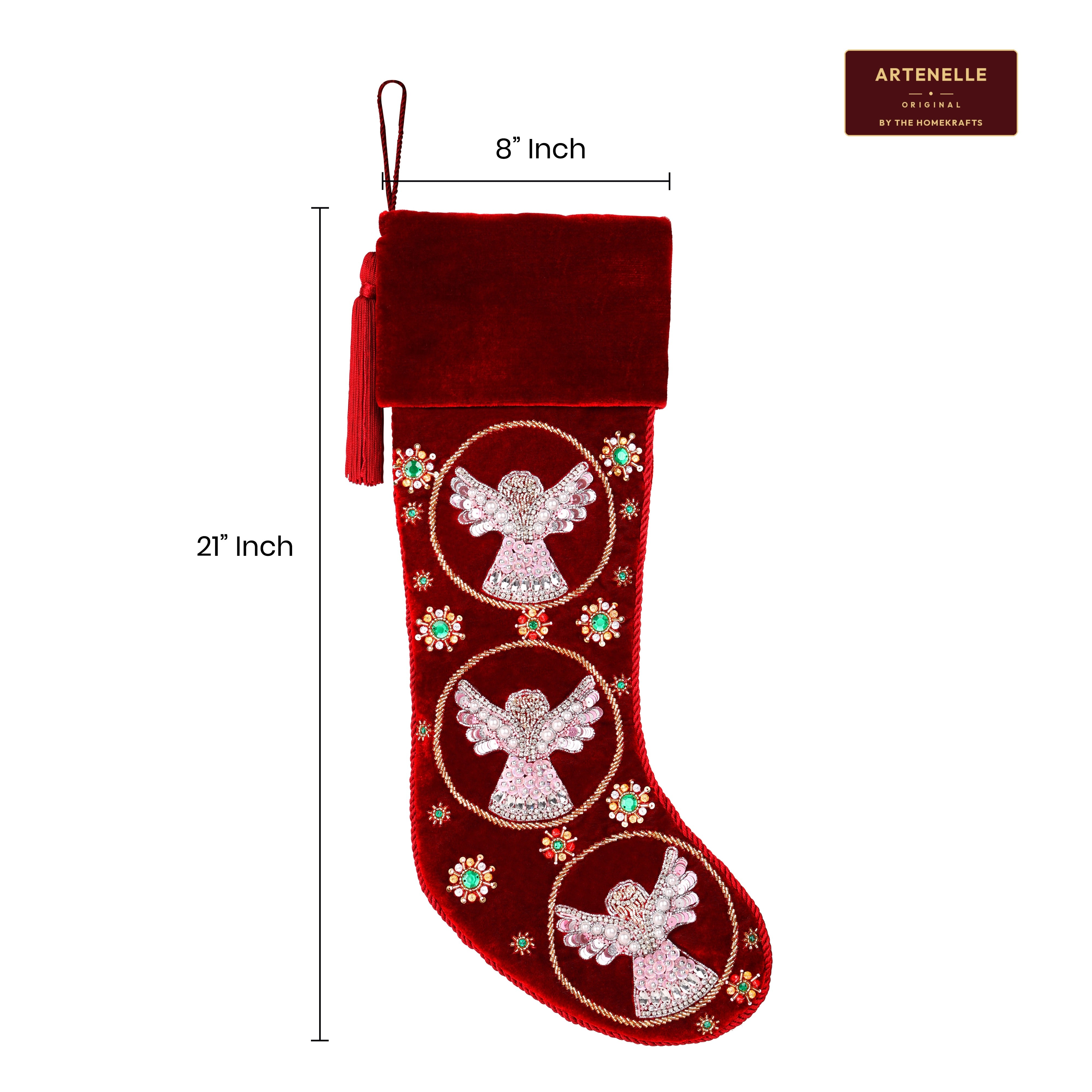 Beaded Snow Angels Red Velvet Personalized Christmas stocking