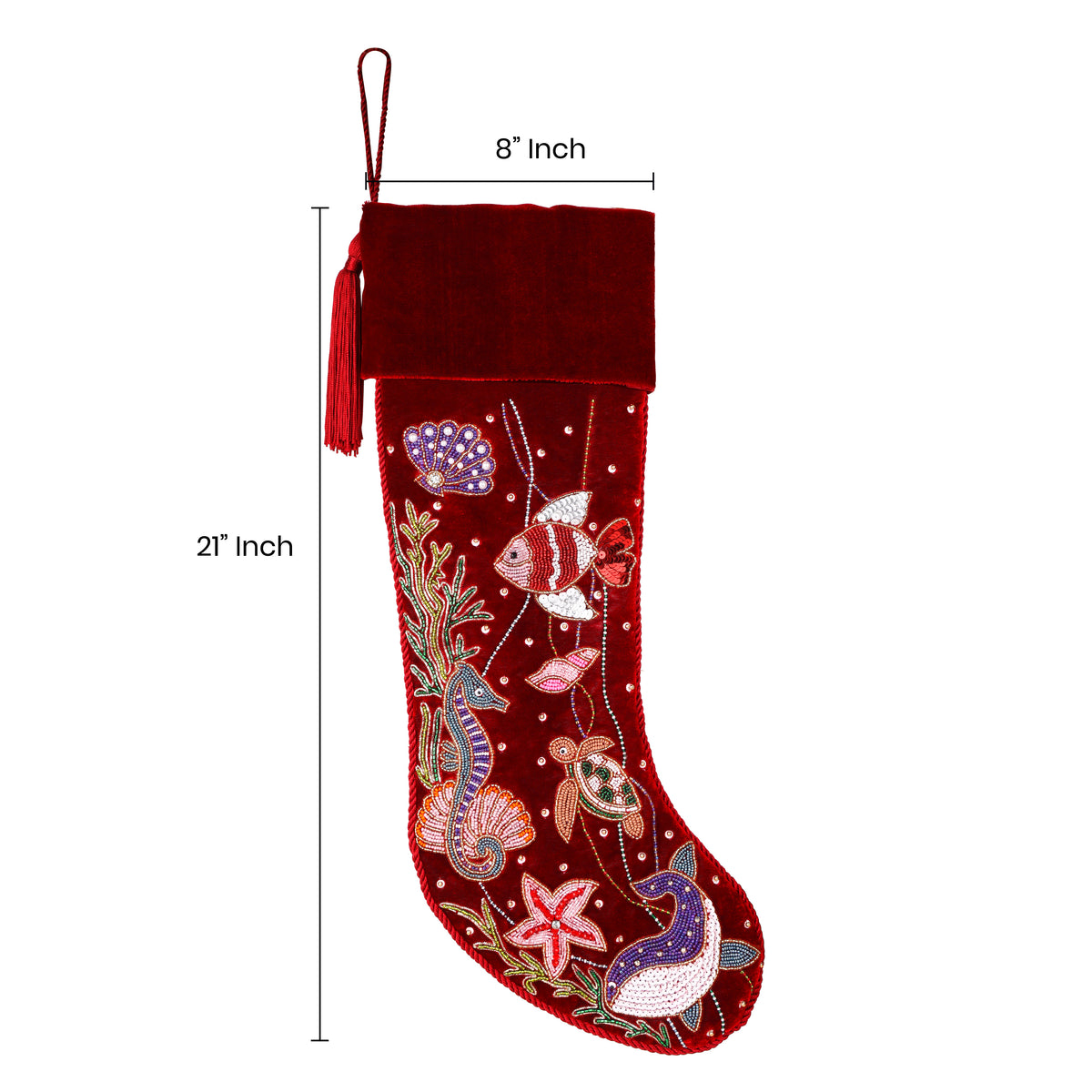 Personalized Beaded Ocean Red Velvet Christmas Stocking