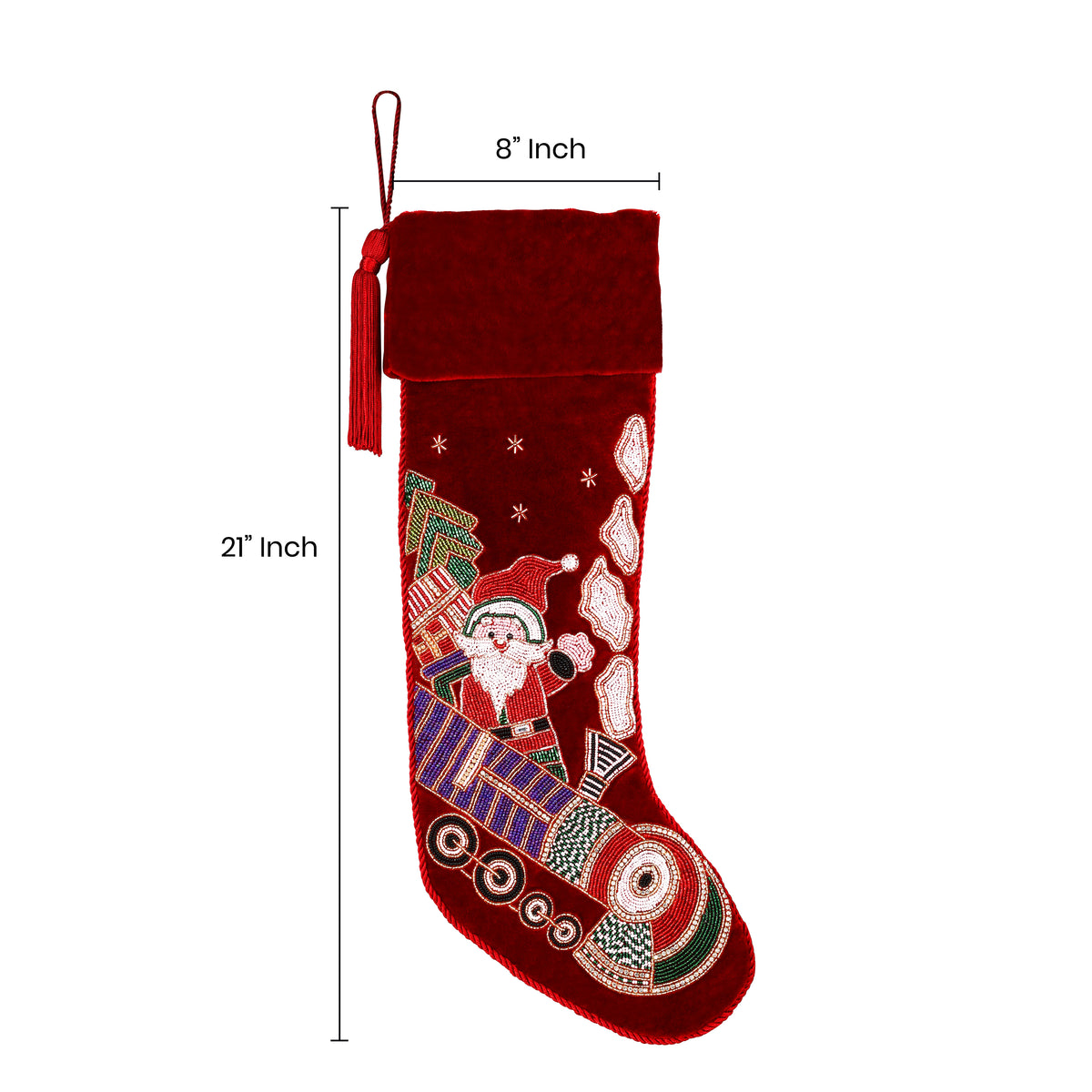 Personalized Beaded Santa on Train Red Velvet Christmas Stocking