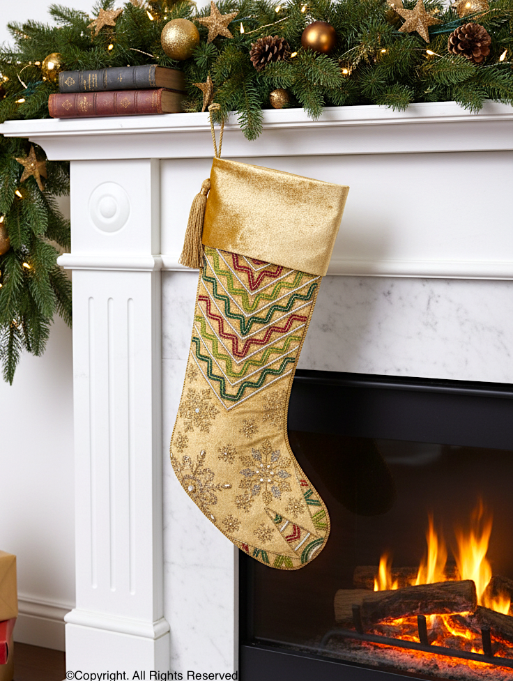 PERSONALISED STARBURST SNOWFLAKE GOLDEN VELVET CHRISTMAS STOCKING