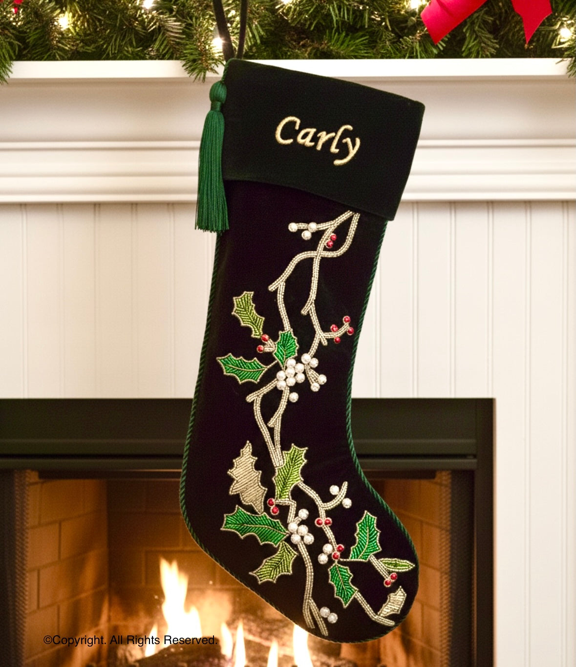 PERSONALISED FLORAL WREATH GREEN CHRISTMAS WREATH STOCKING