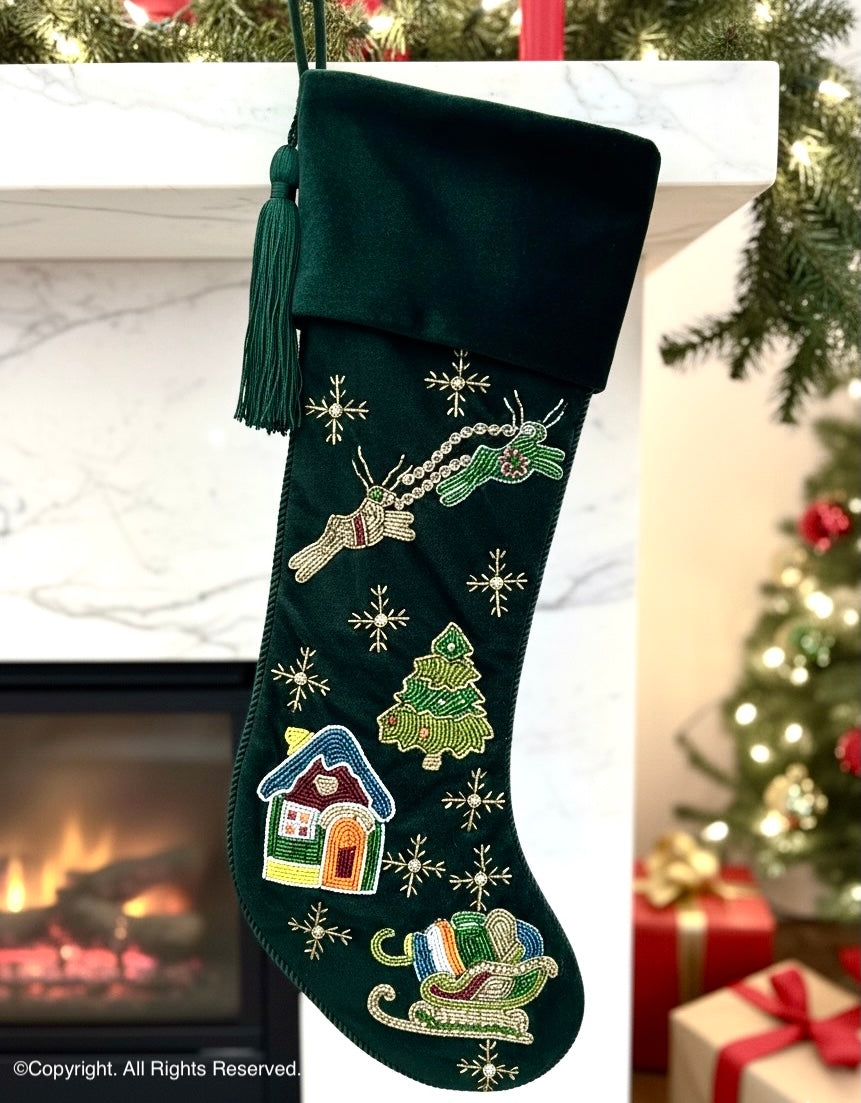 PERSONALISED 'REINDEER OVER THE CITY' GREEN VELVET CHRISTMAS STOCKING