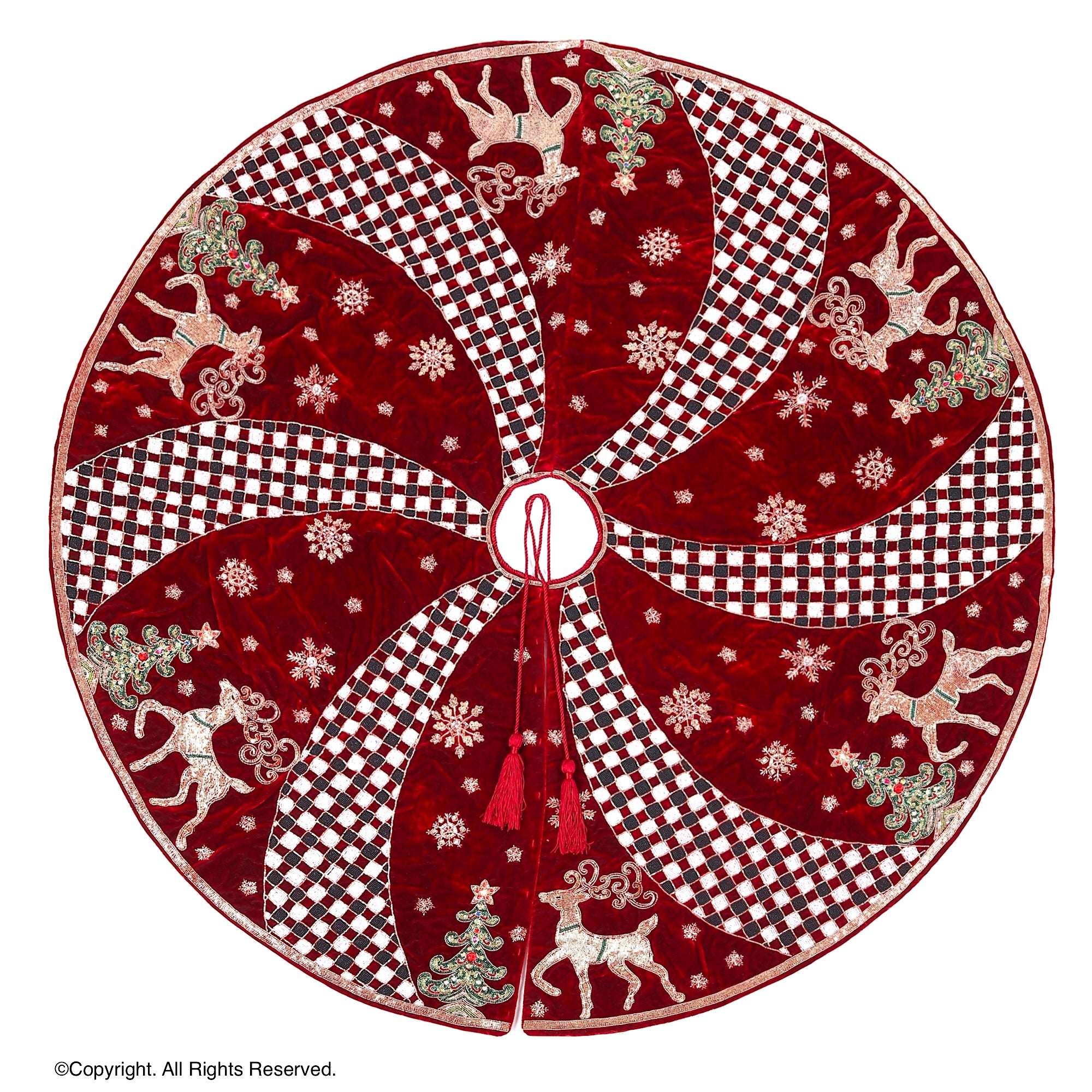 Reindeer Check Parade Red Velvet Christmas Tree Skirt