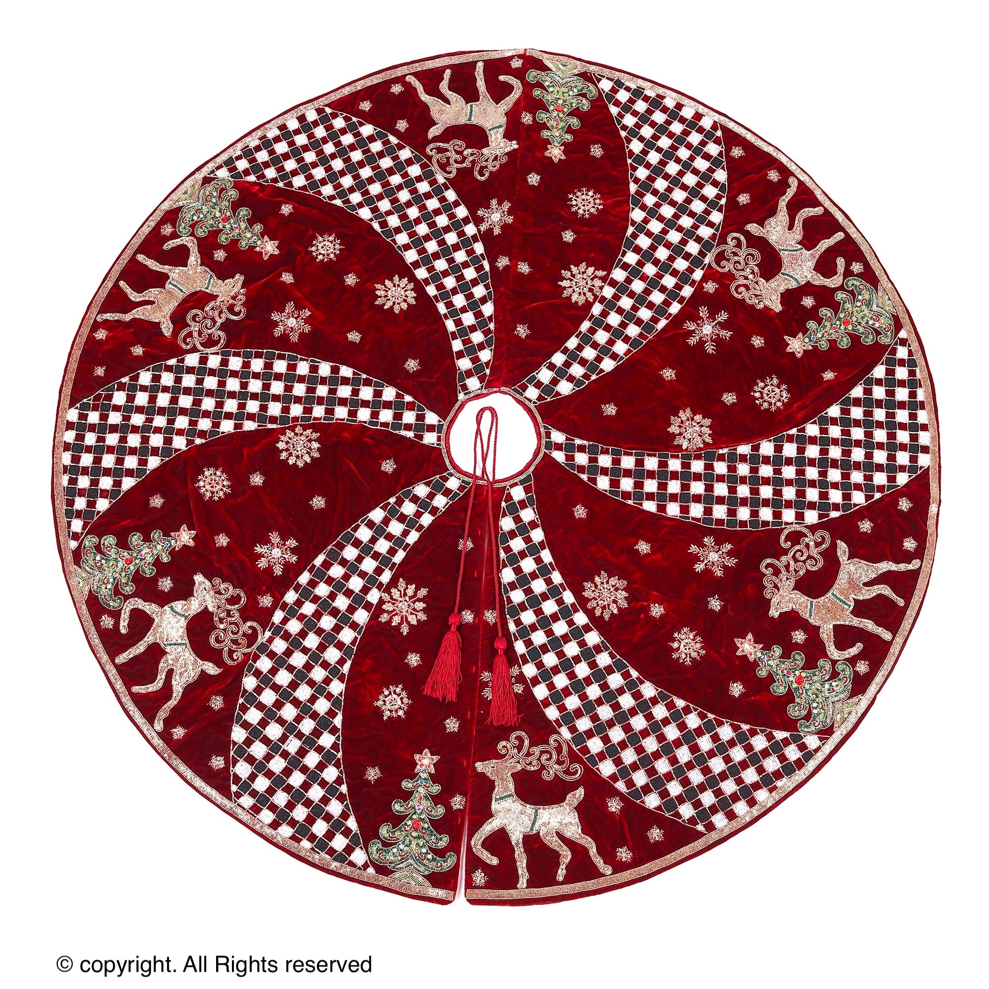 Reindeer Check Parade Red Velvet Christmas Tree Skirt