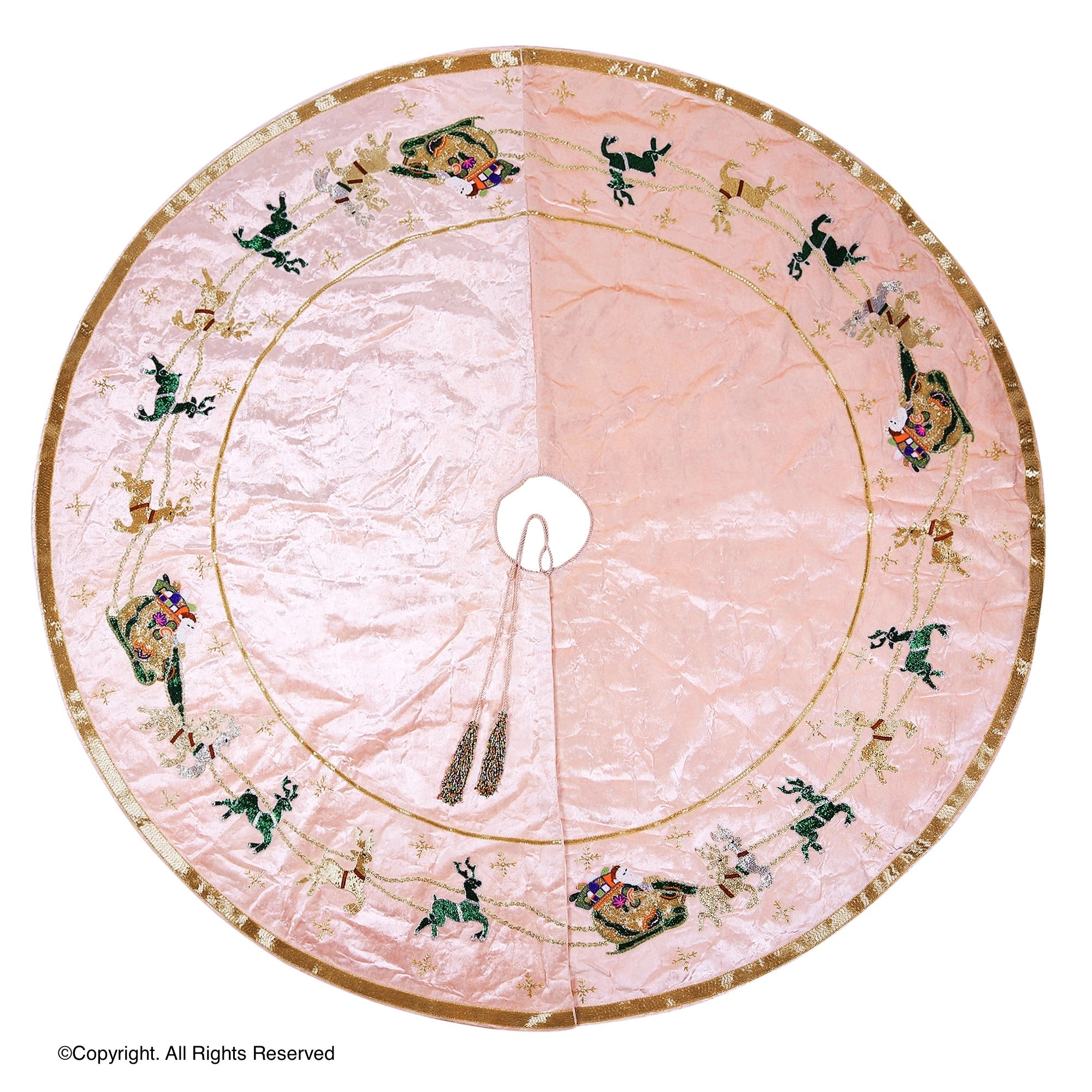 Santa Reindeer Carriage- Pink Velvet Christmas Tree Skirt