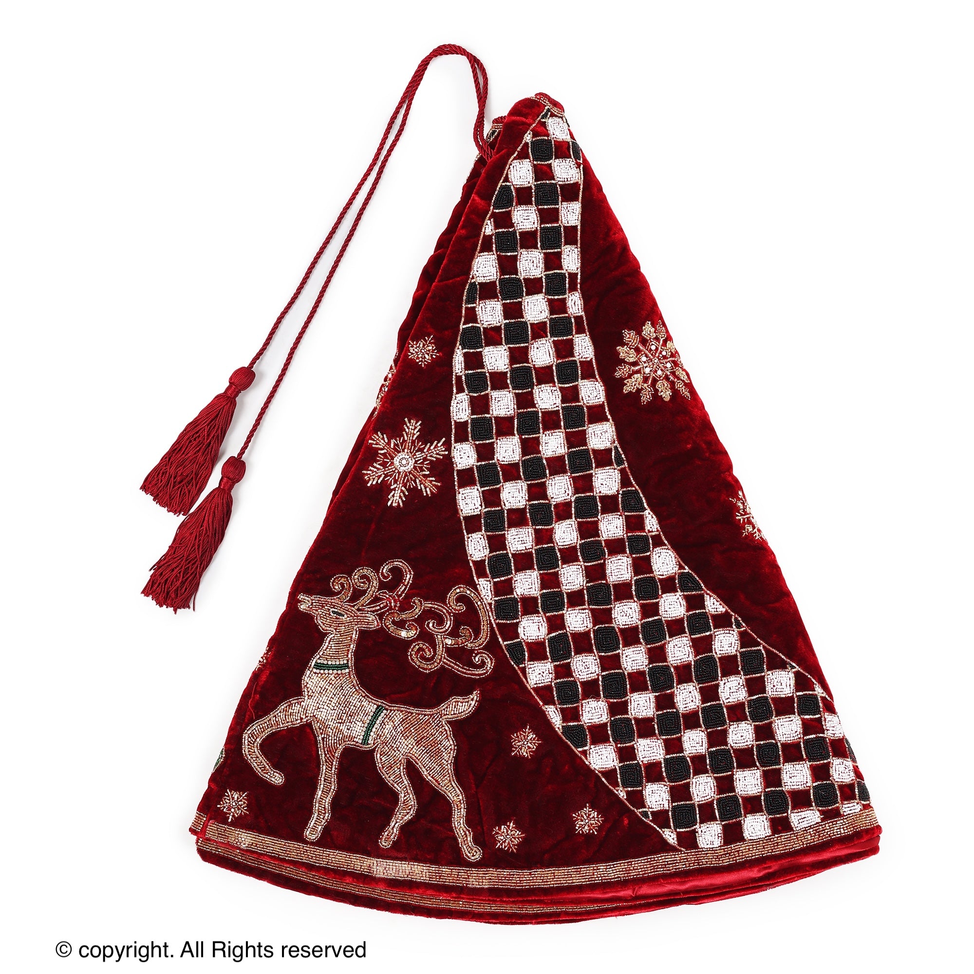 Reindeer Check Parade Red Velvet Christmas Tree Skirt