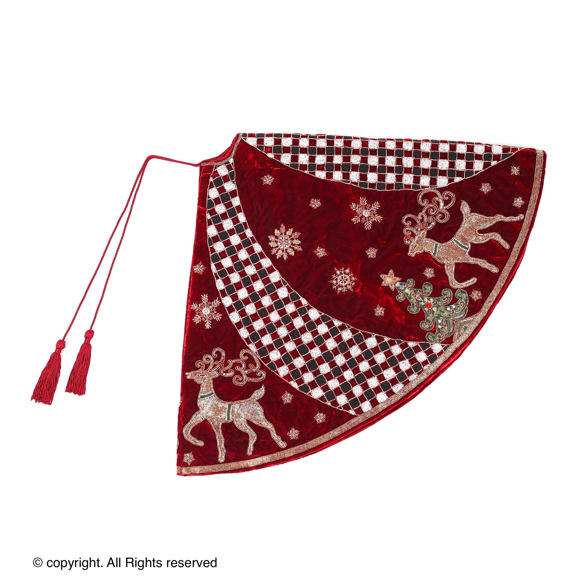 Reindeer Check Parade Red Velvet Christmas Tree Skirt