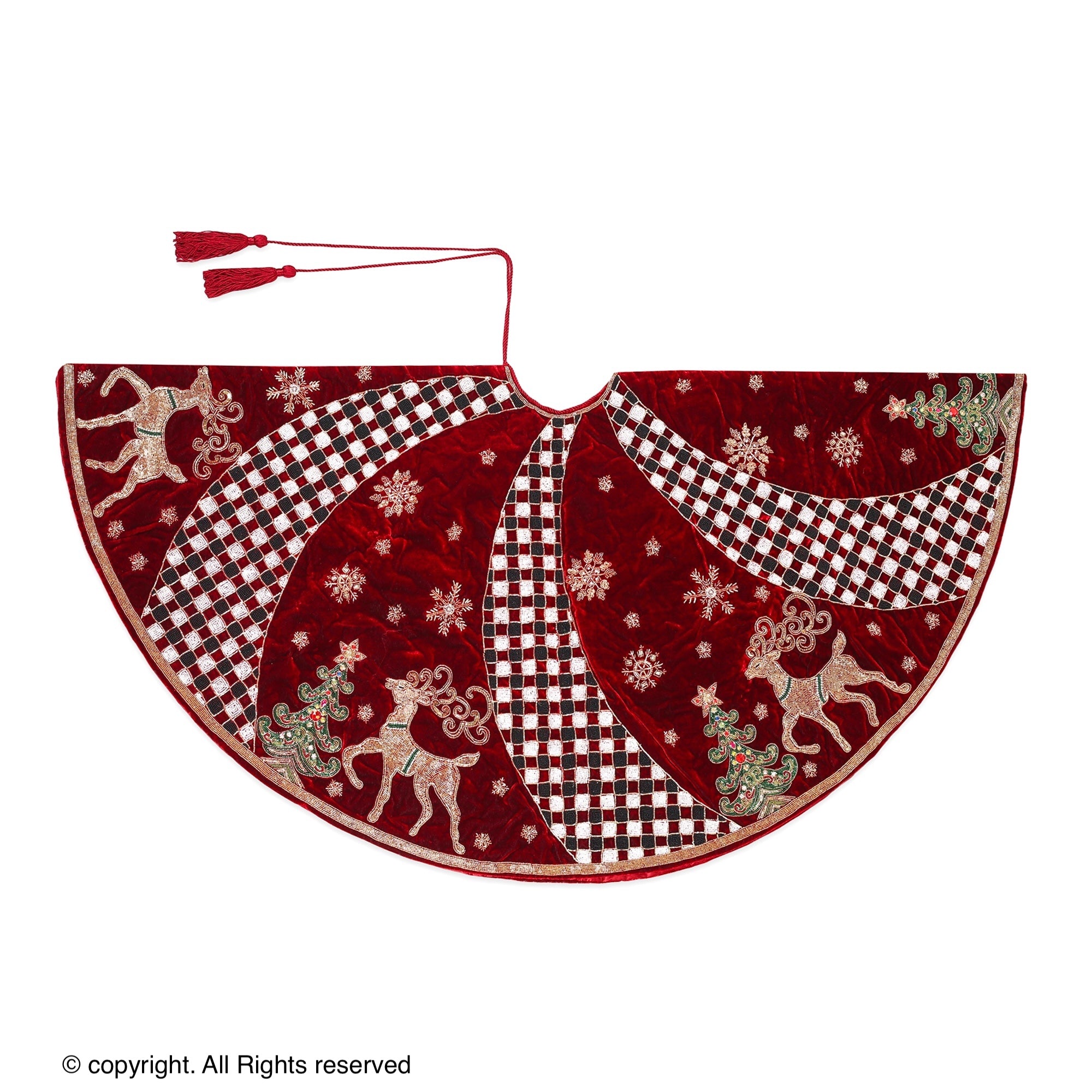 Reindeer Check Parade Red Velvet Christmas Tree Skirt