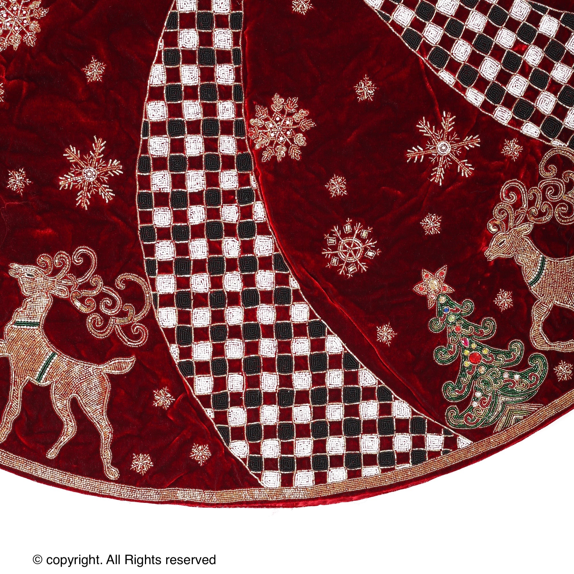 Reindeer Check Parade Red Velvet Christmas Tree Skirt