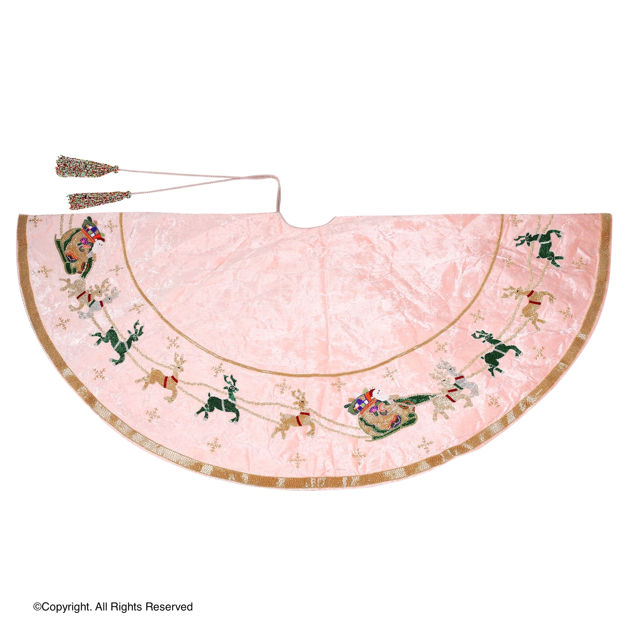 Santa Reindeer Carriage- Pink Velvet Christmas Tree Skirt