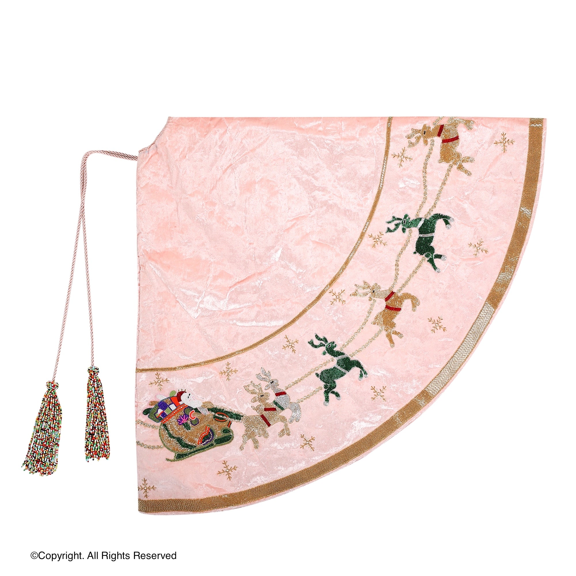 Santa Reindeer Carriage- Pink Velvet Christmas Tree Skirt