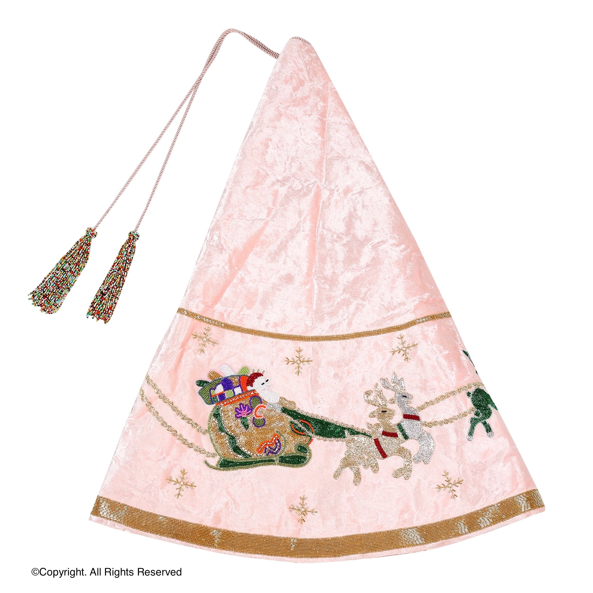 Santa Reindeer Carriage- Pink Velvet Christmas Tree Skirt