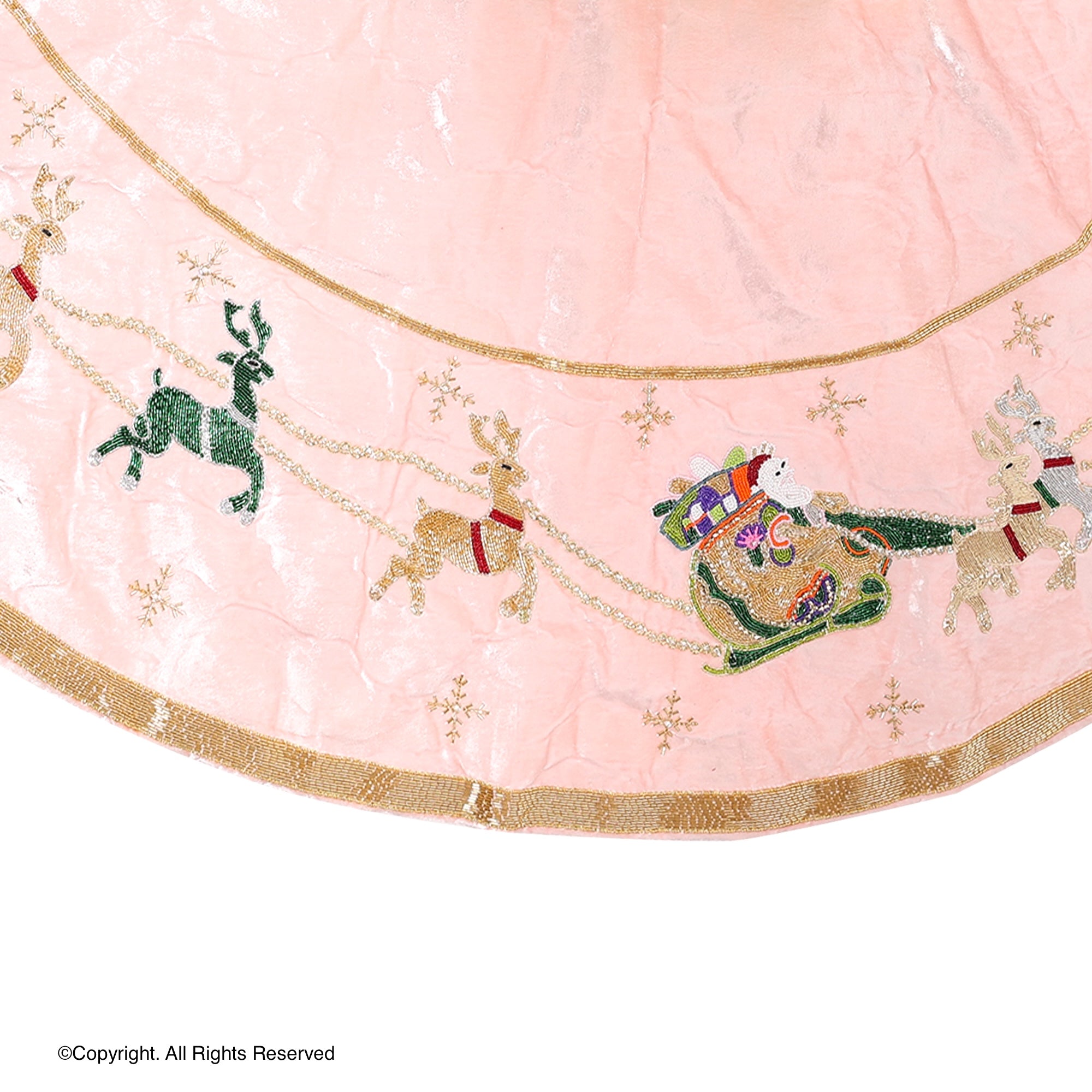 Santa Reindeer Carriage- Pink Velvet Christmas Tree Skirt