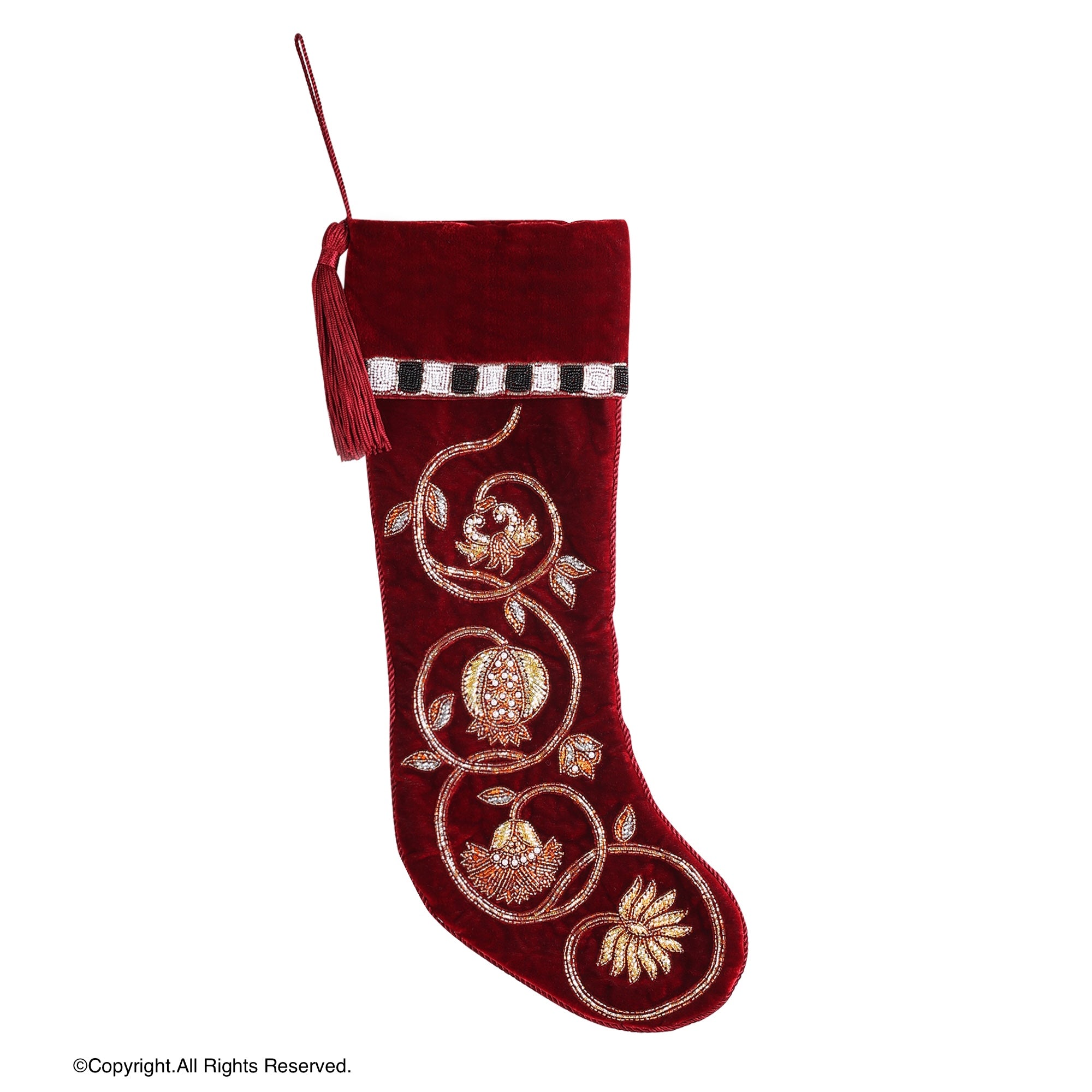 PERSONALISED GOLDEN GARLAND RED VELVET CHRISTMAS STOCKING
