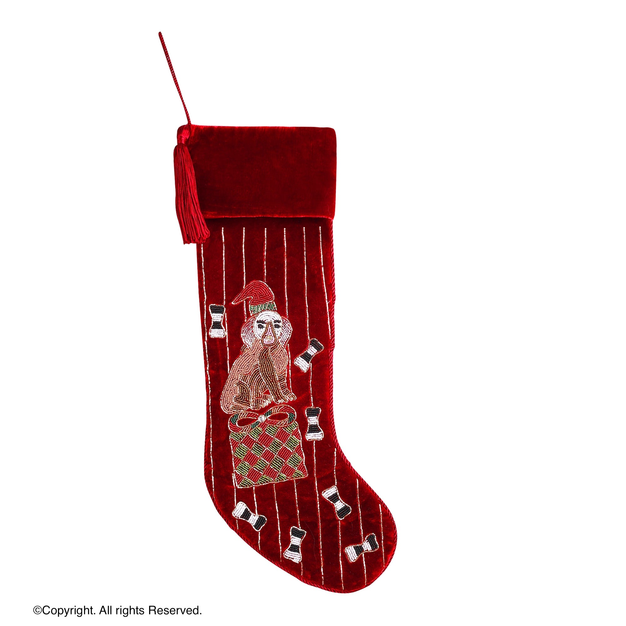PERSONALISED MERRY DOG AND BONE RED VELVET CHRISTMAS STOCKING
