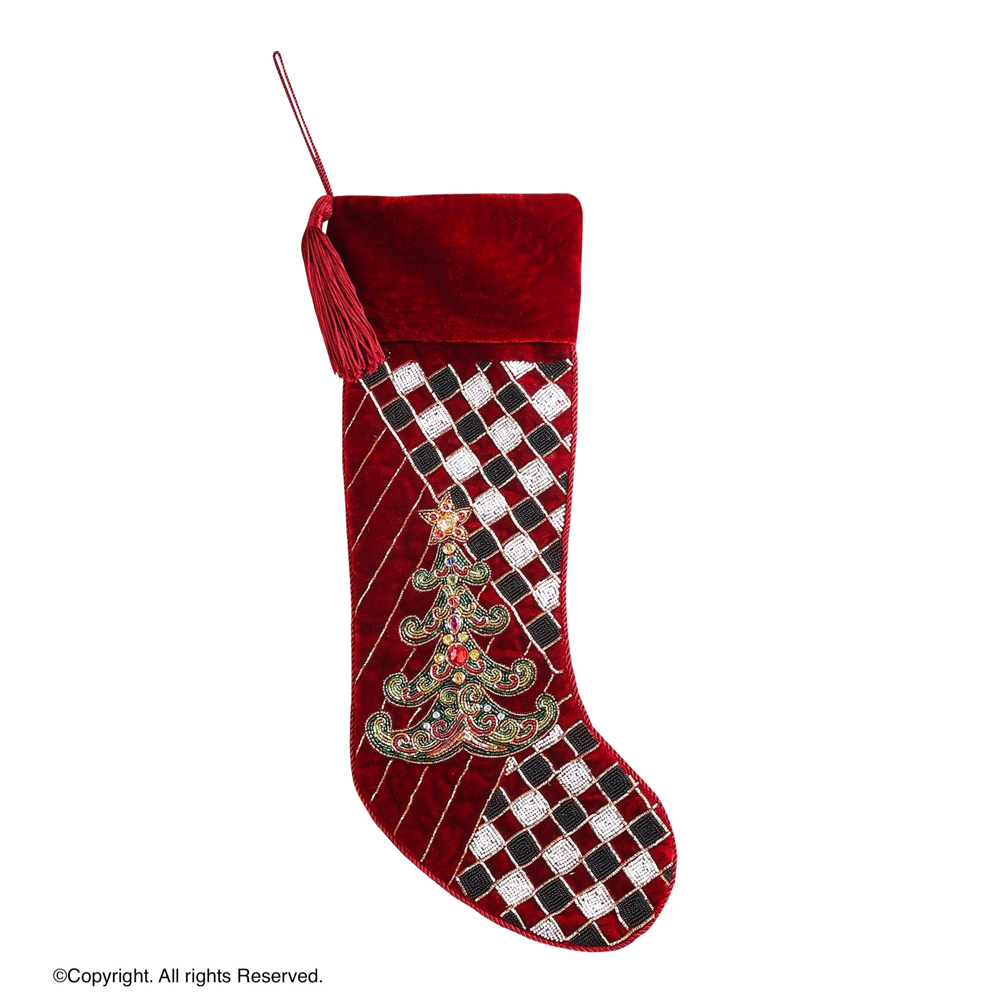 PERSONALISED WHIMSICAL TREE CHECK PARADE RED VELVET CHRISTMAS STOCKING