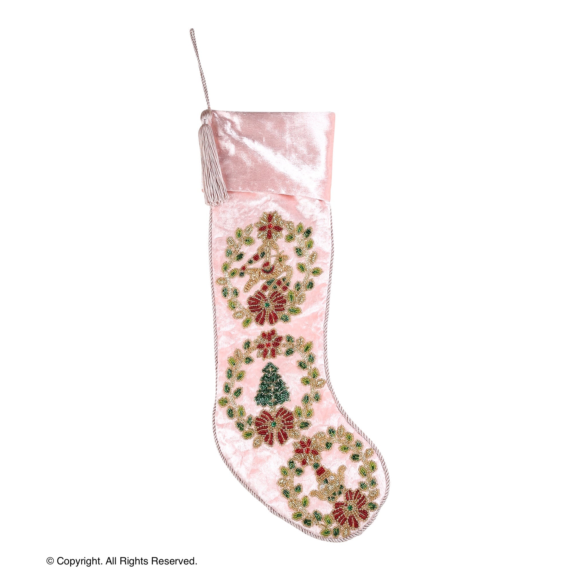 PERSONALISED WREATH PINK VELVET CHRISTMAS STOCKING