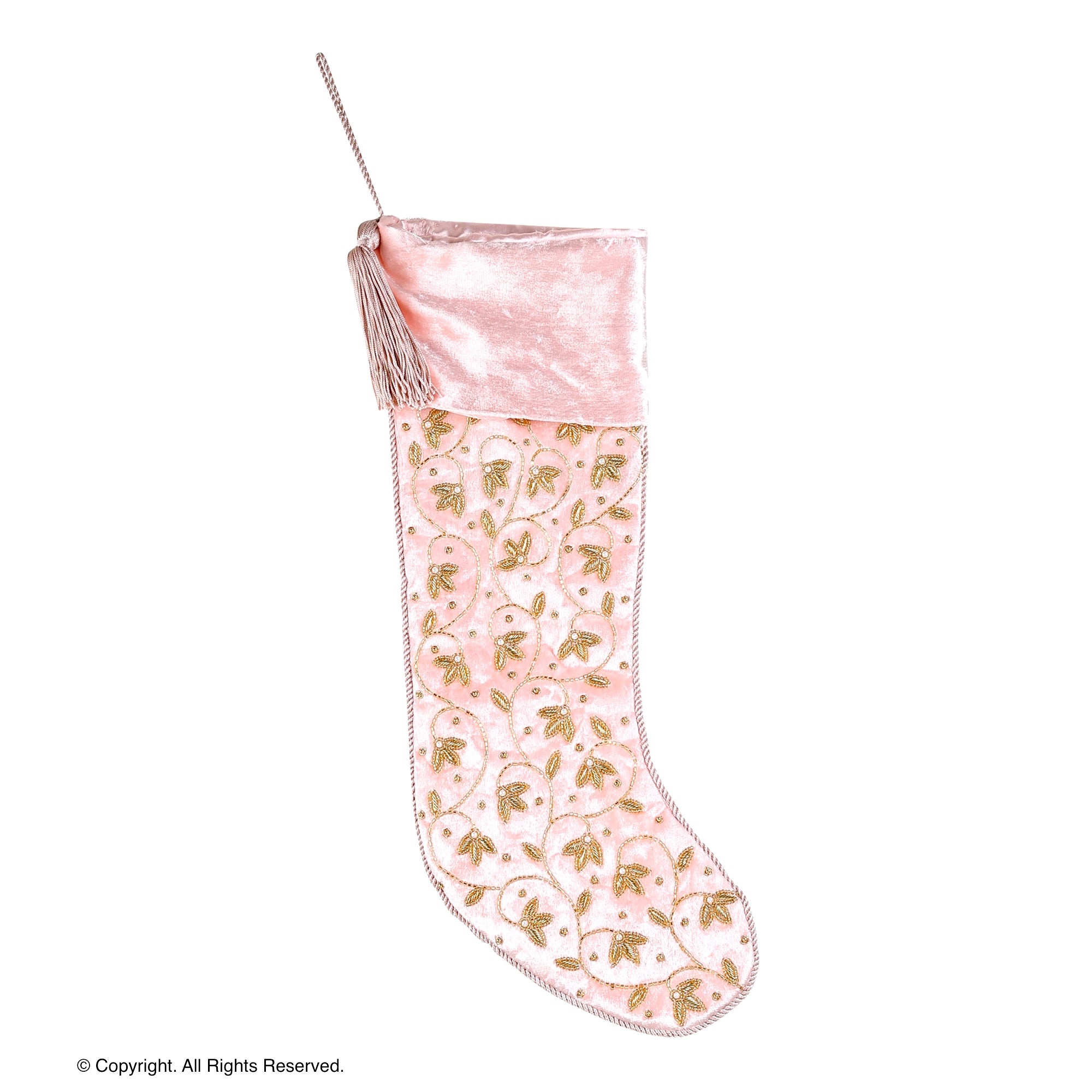 Personalised Intricate leaf Christmas Stocking- Pink Velvet Christmas stocking Embroided with intricate leaf