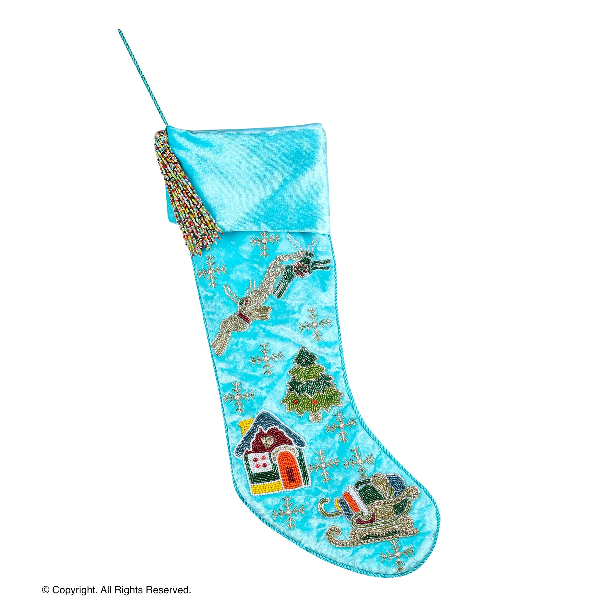PERSONALISED 'REINDEER OVER THE CITY' BLUE VELVET CHRISTMAS STOCKING