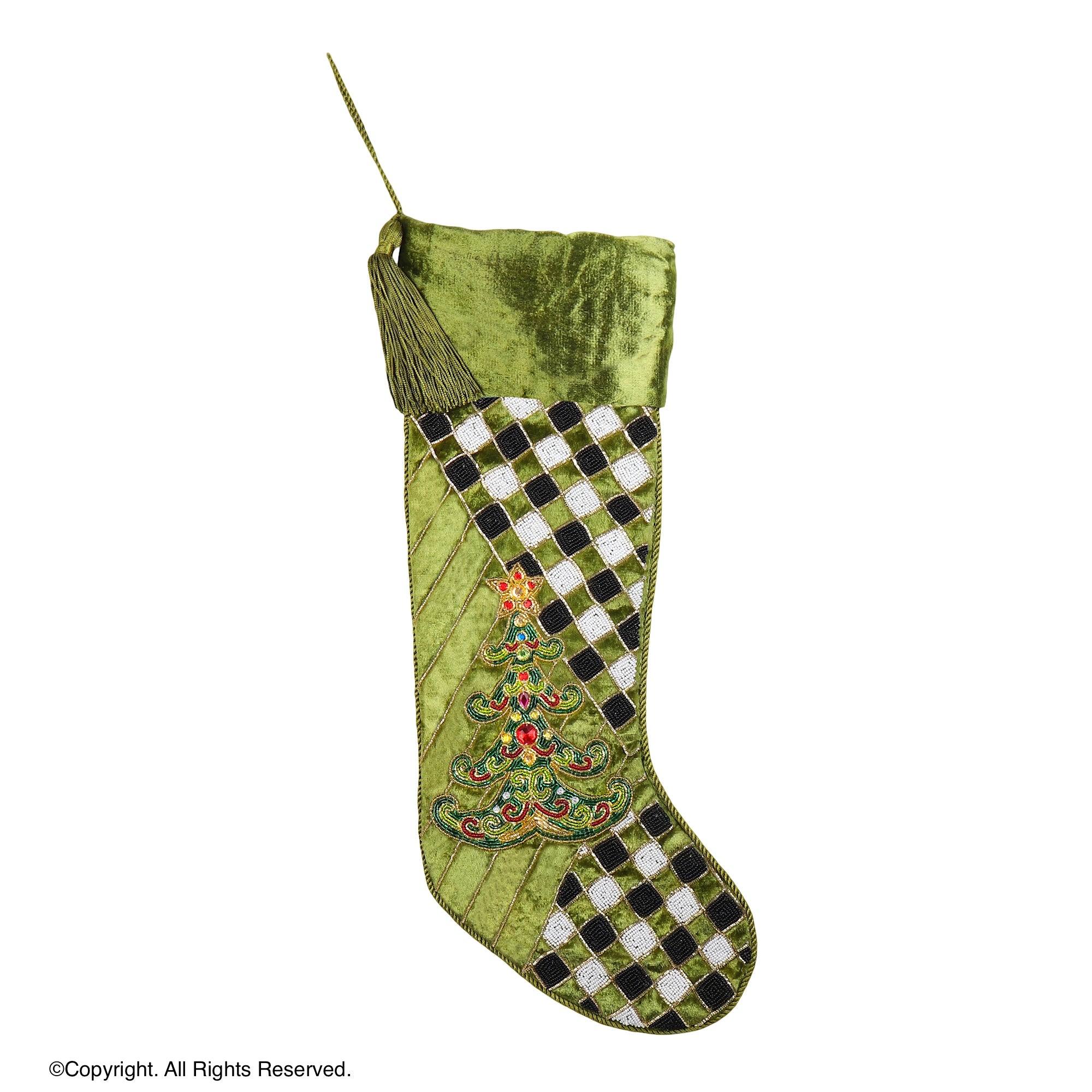 PERSONALISED WHIMSICAL TREE CHECK PARADE GREEN VELVET CHRISTMAS STOCKING